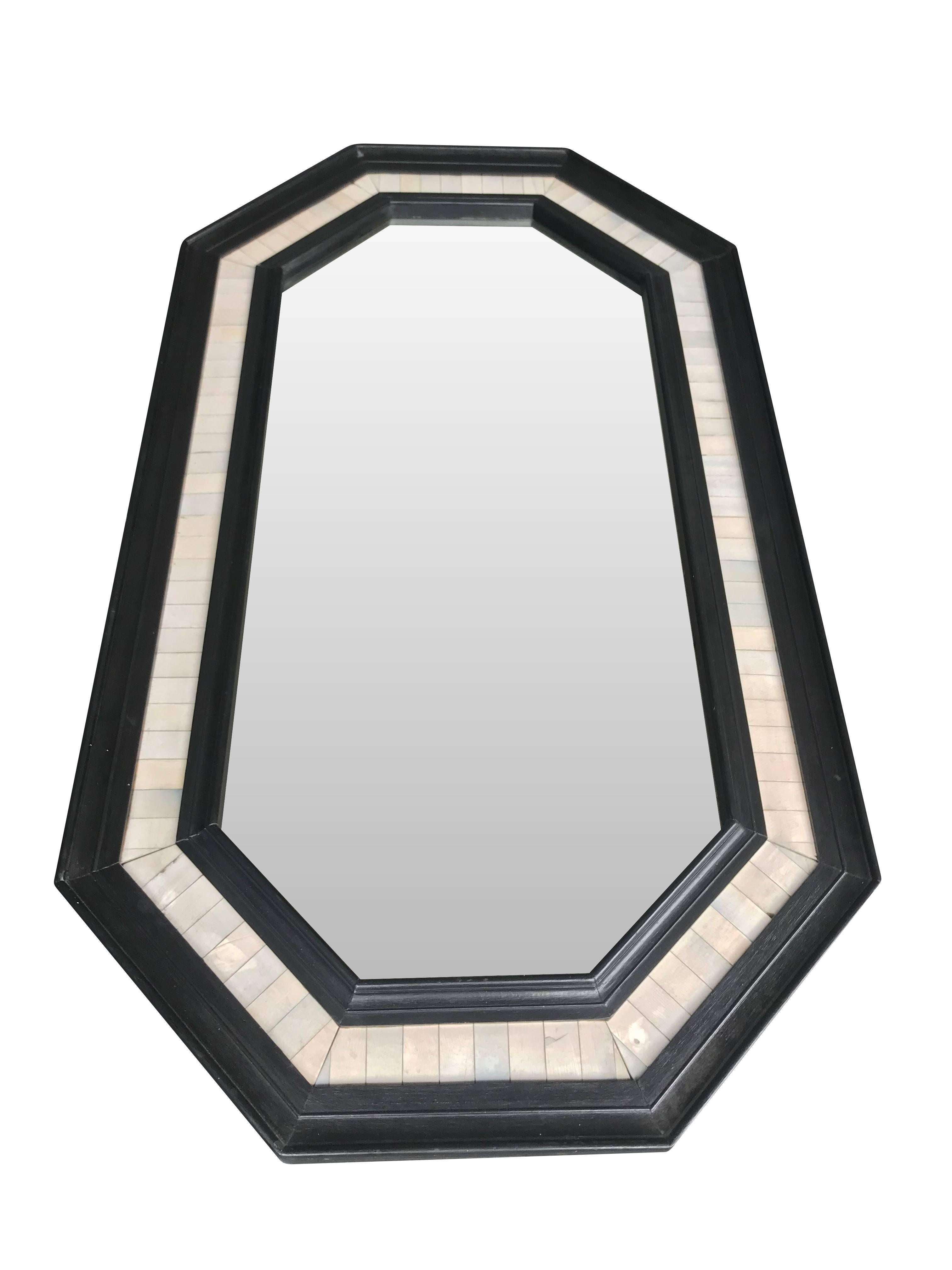 Octagonal Ebonized Wooden Framed Mirror with Bone Inlay Surround In Excellent Condition In London, GB