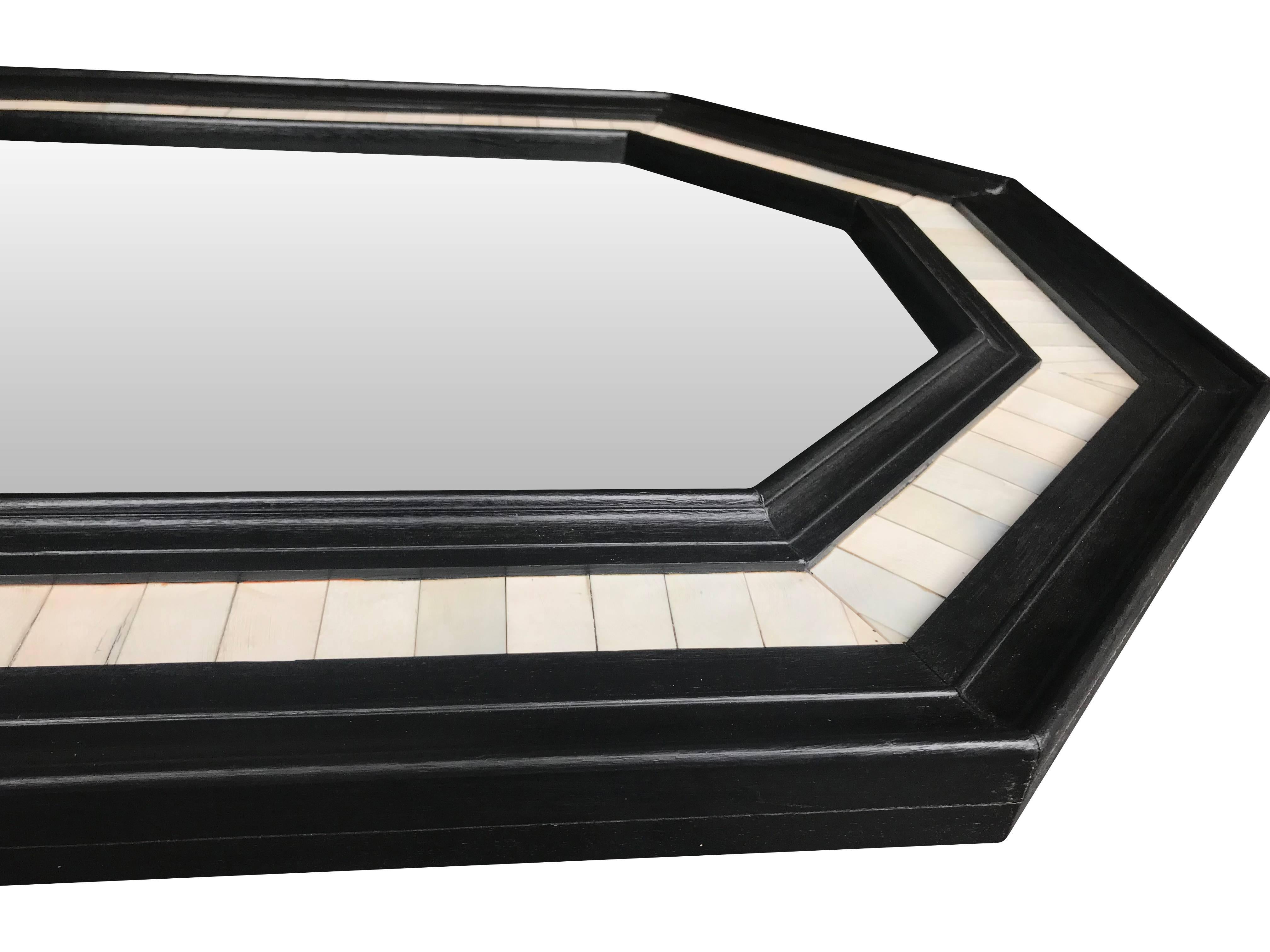 Octagonal Ebonized Wooden Framed Mirror with Bone Inlay Surround 1