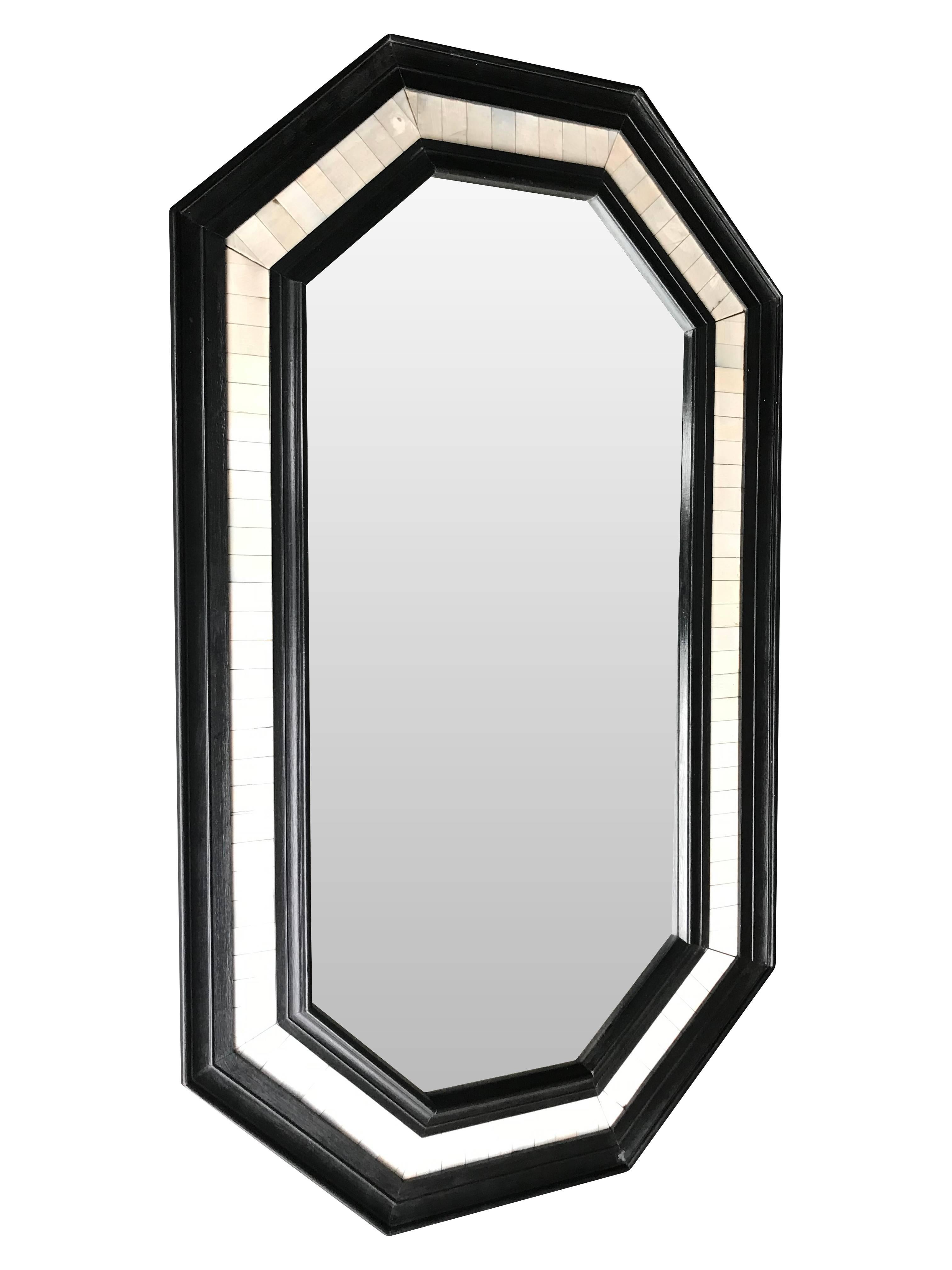 Octagonal Ebonized Wooden Framed Mirror with Bone Inlay Surround 2