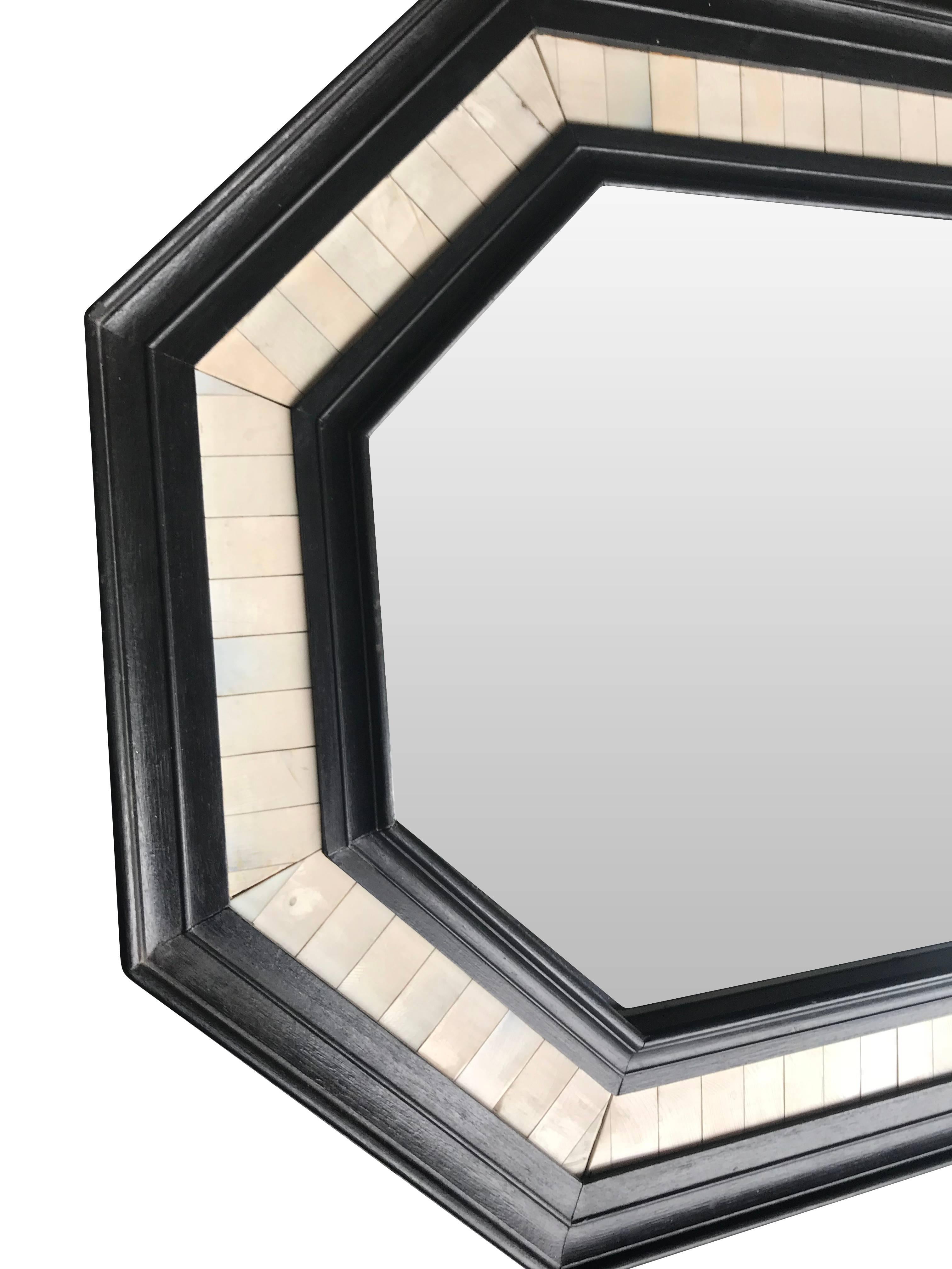 Octagonal Ebonized Wooden Framed Mirror with Bone Inlay Surround 3
