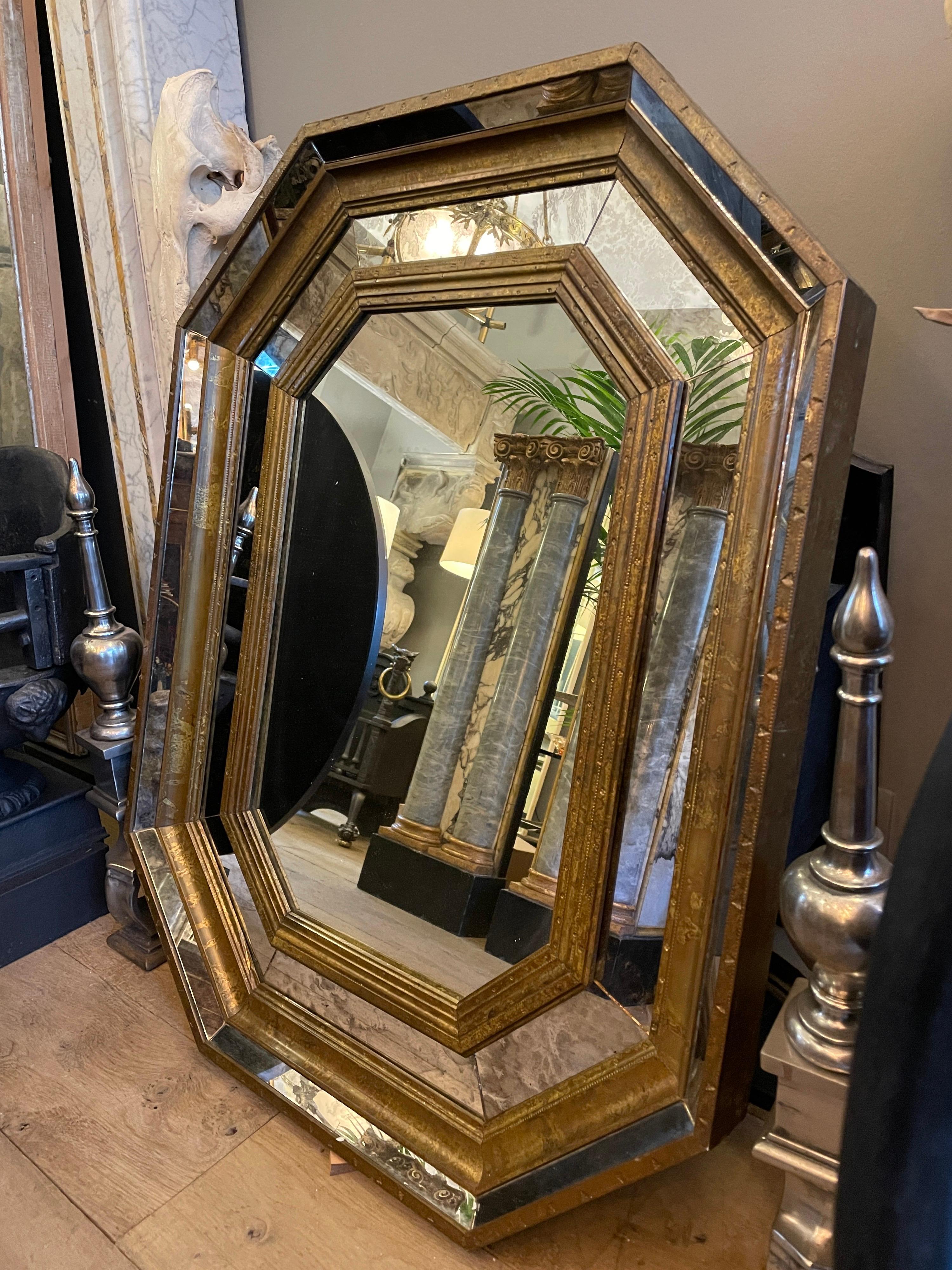 Octagonal Panelled Brass Framed Mirror In Good Condition In London, GB