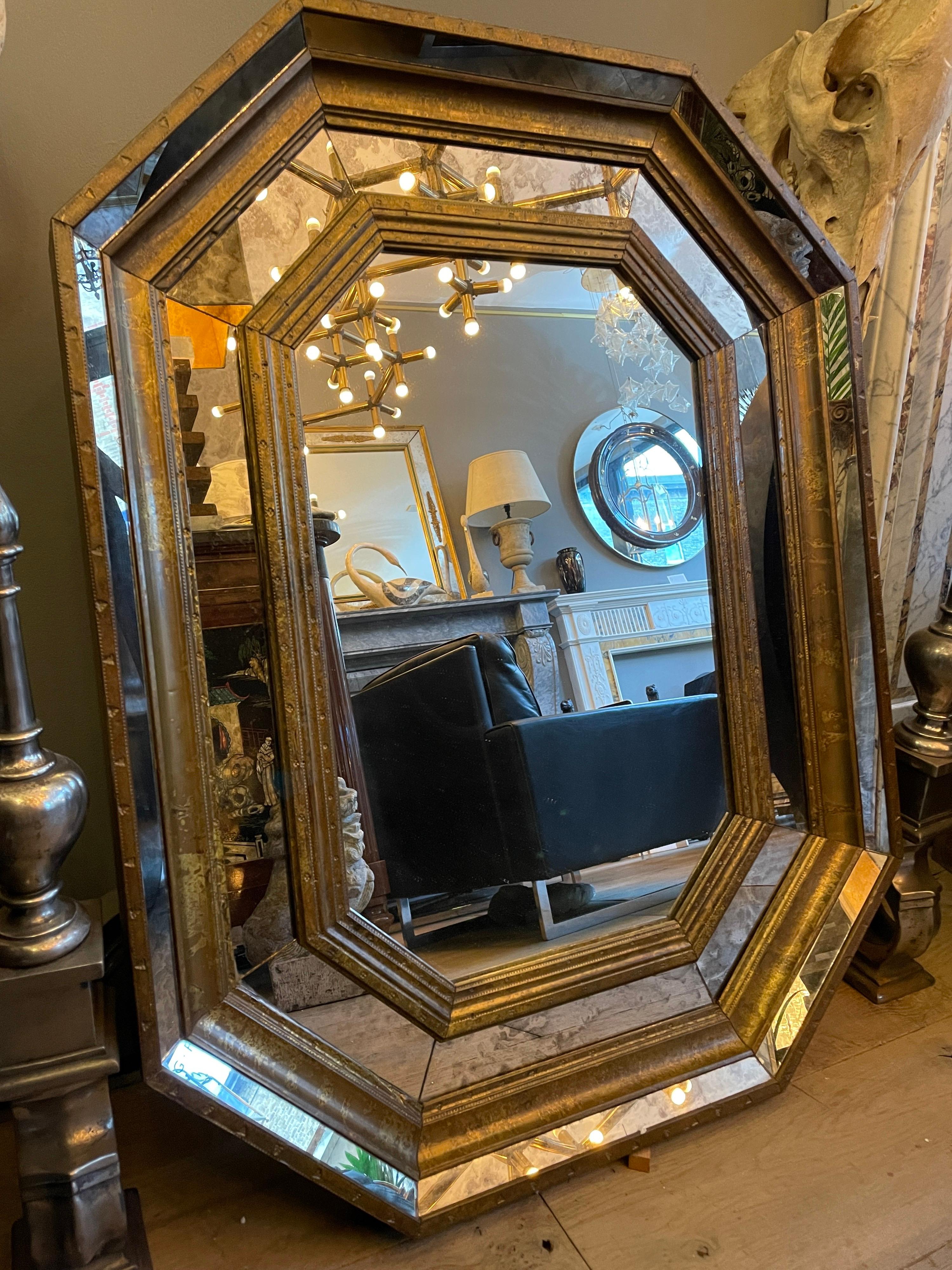 20th Century Octagonal Panelled Brass Framed Mirror