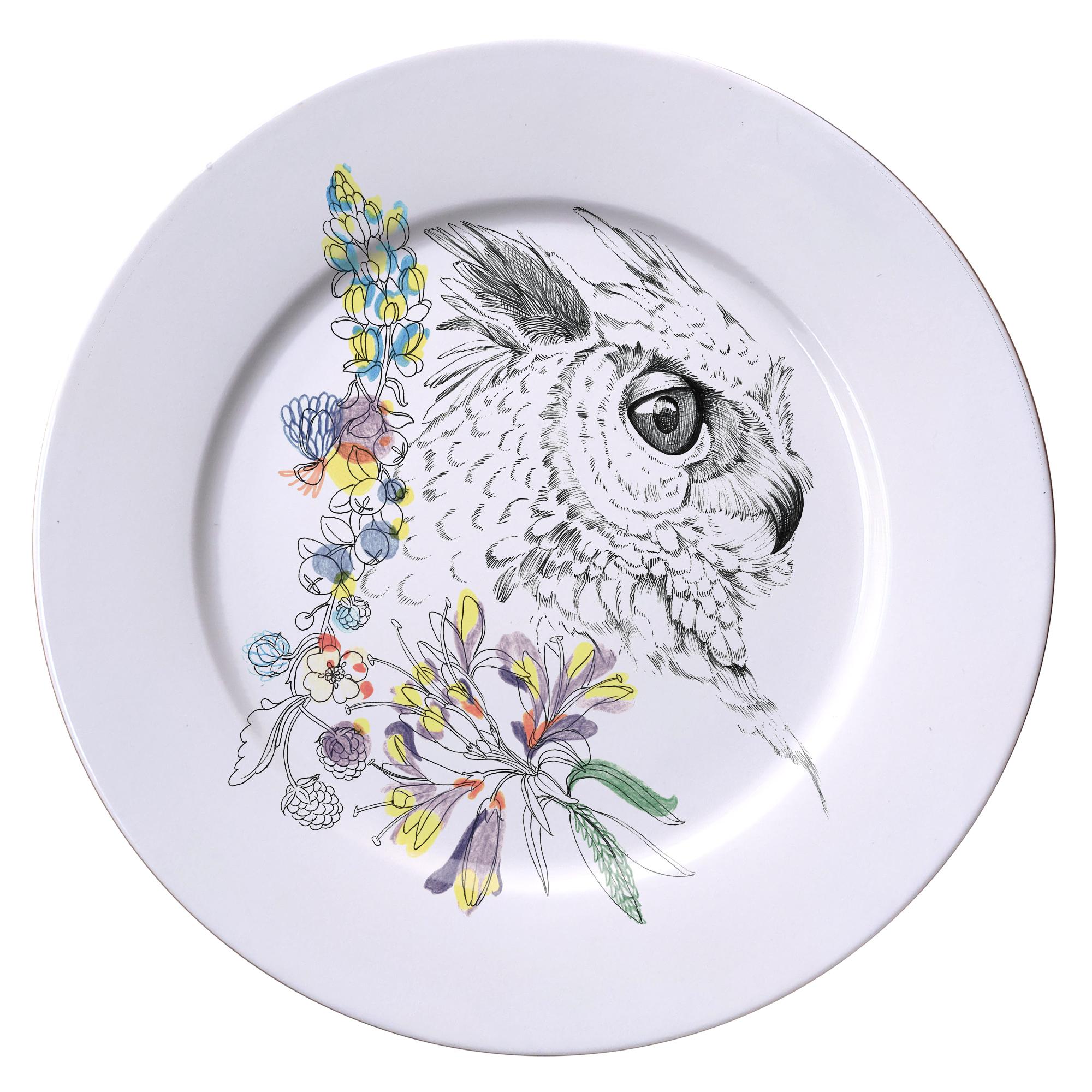 Ode to the Woods, Contemporary Porcelain Dinner Plate with Owl and Flowers For Sale