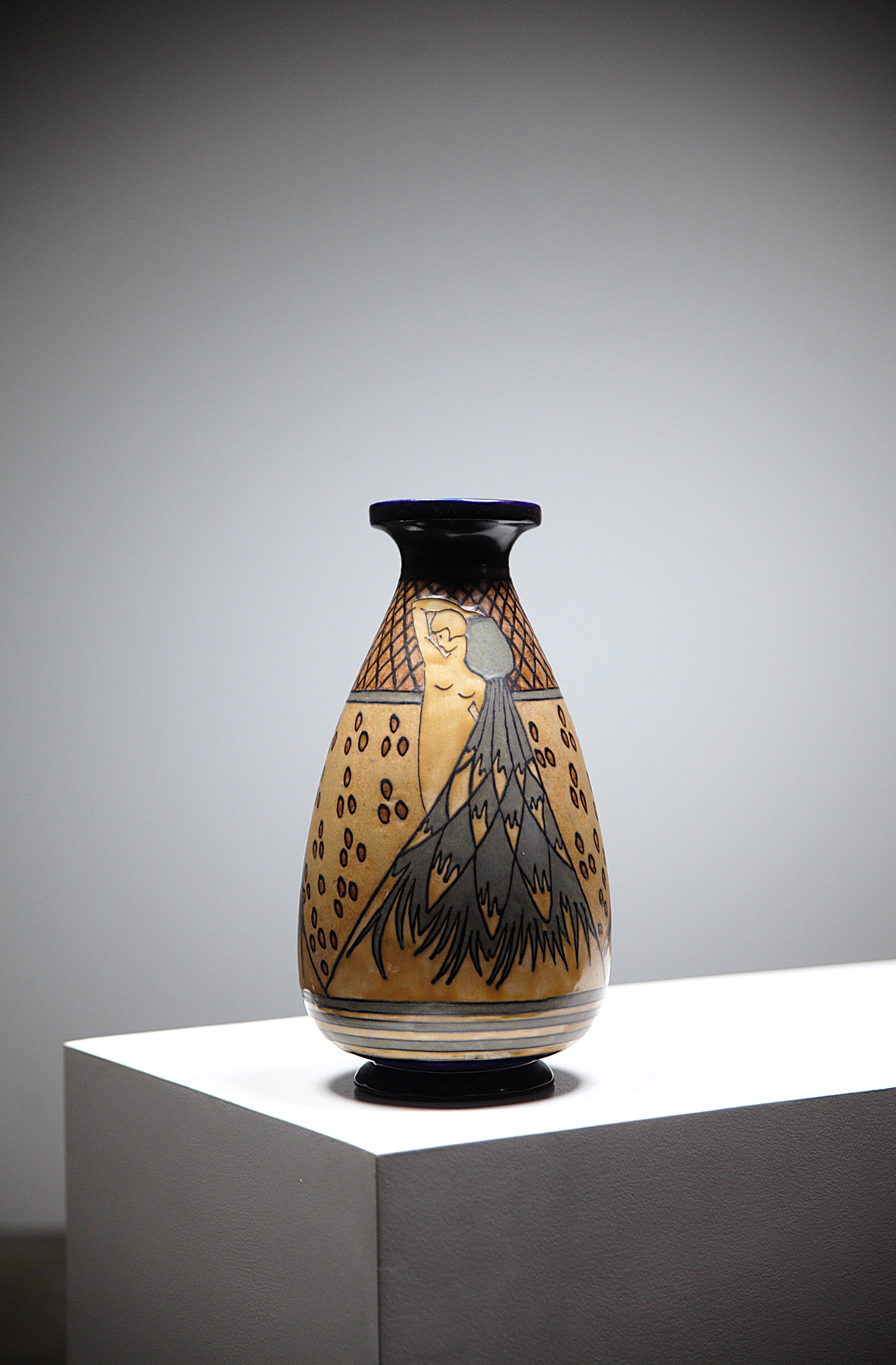 French An Odetta Stoneware Vase by HB Quimper France 1930s