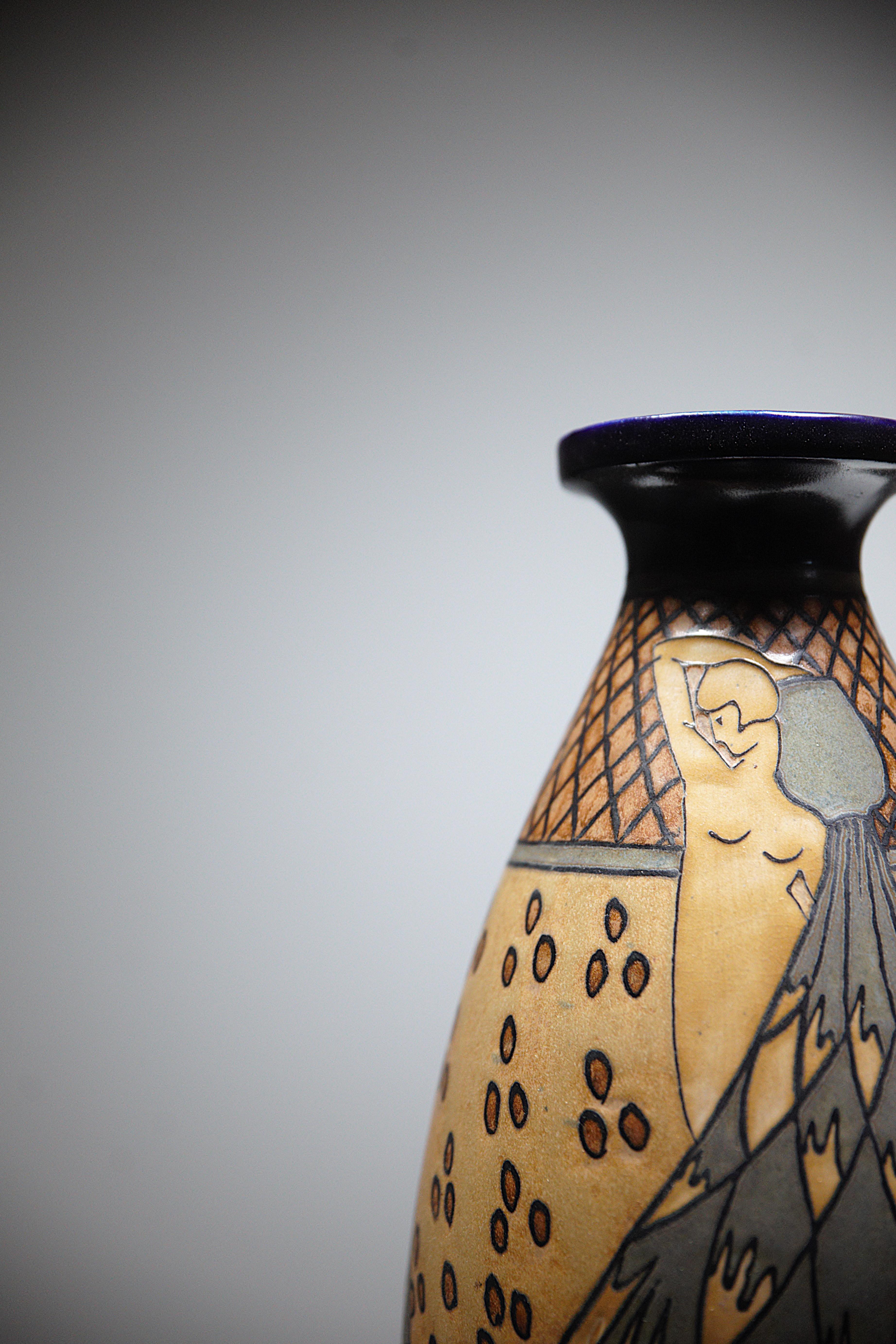 Enameled An Odetta Stoneware Vase by HB Quimper France 1930s