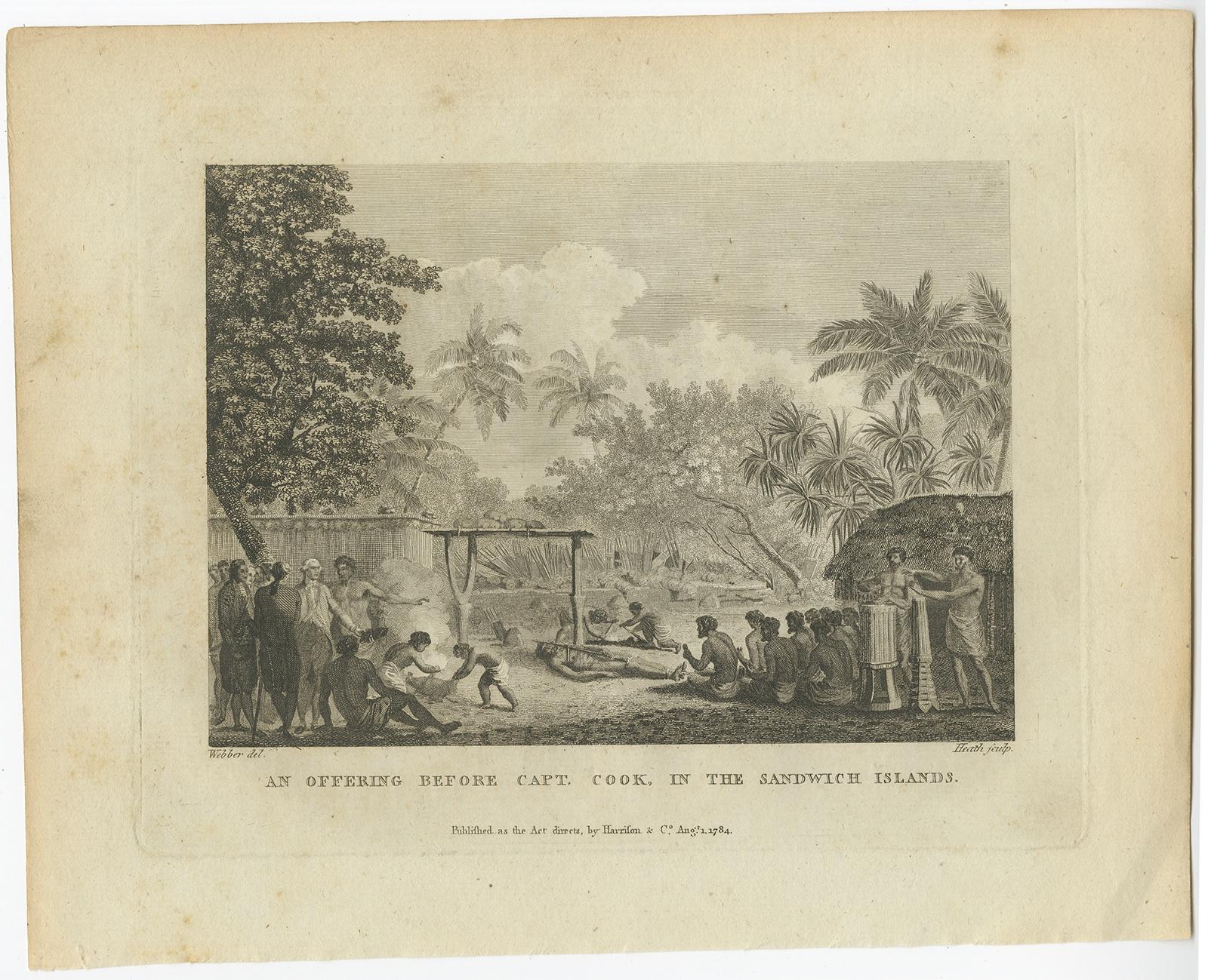 Antique print titled 'An offering before Capt. Cook in the Sandwich Islands'. Old print of several islanders performing an offering ceremony. Also depicted are Captain Cook and several other officers. 

Artists and Engravers: Engraved by Heath.