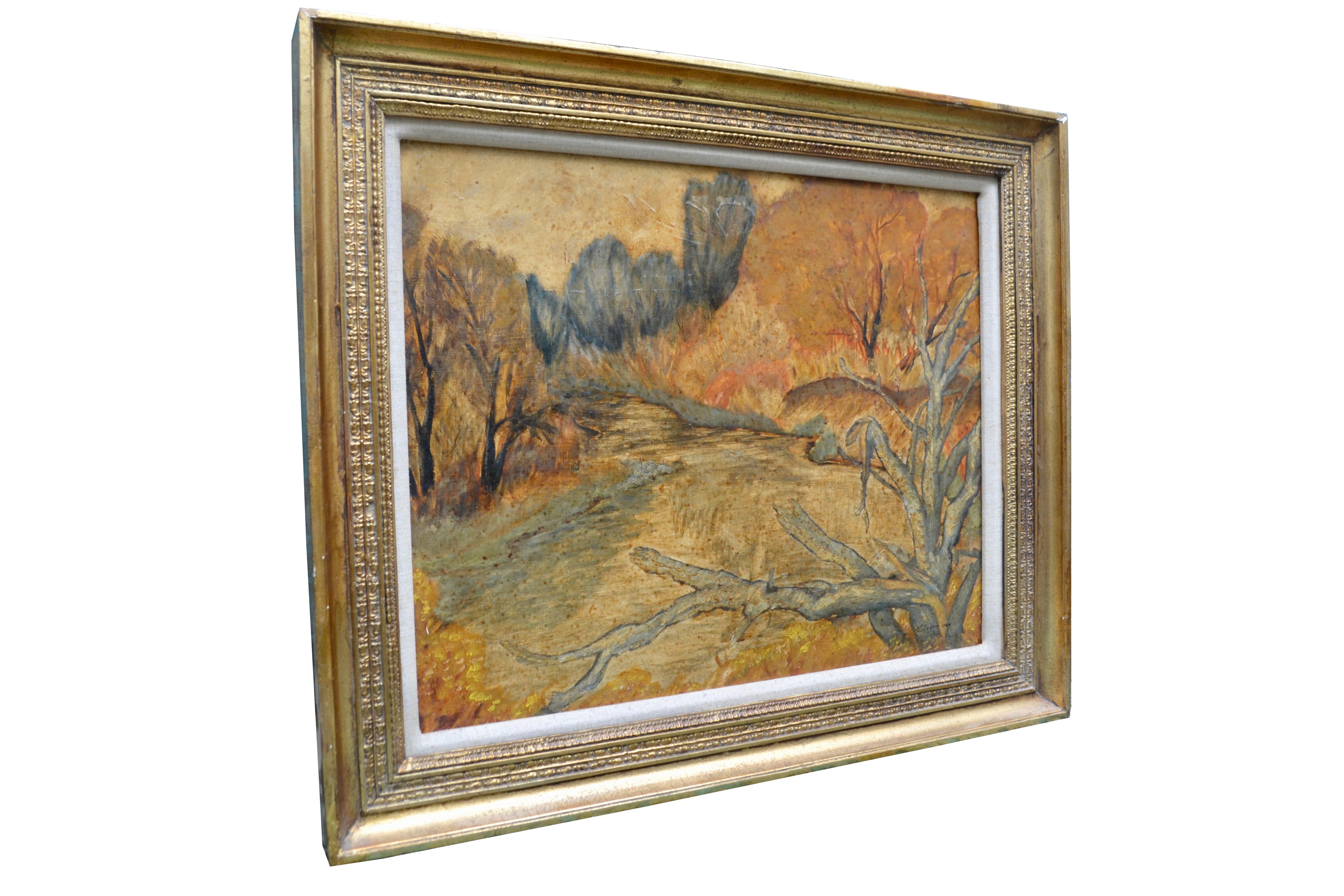 A nicely painted impressionist oil on hardboard painting of a typical orange and brown hued Southern Ontario Autumn the North East American and Canadian States and Provinces are famous for in the Fall. The painting is presented in the original