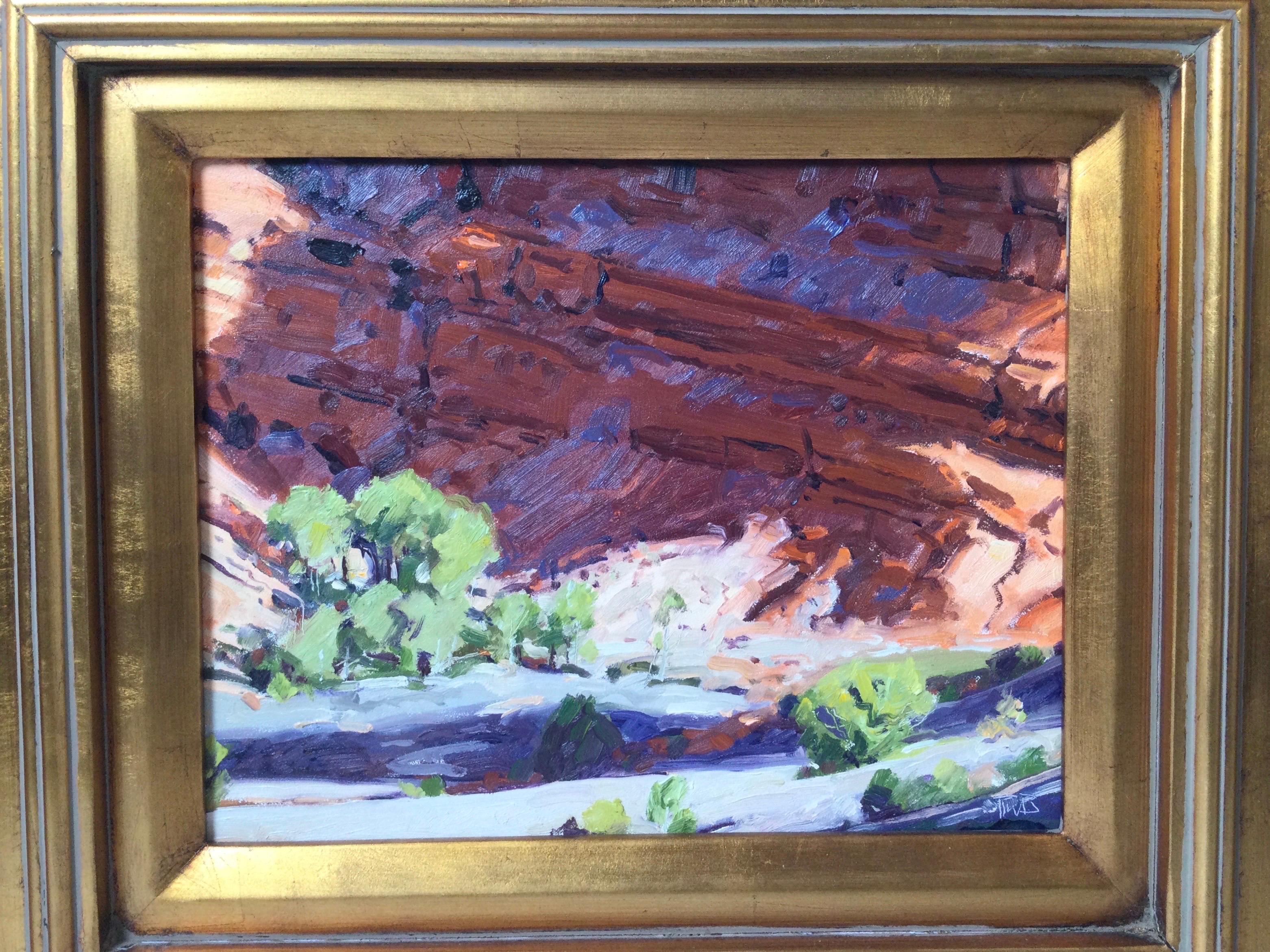 An oil on canvas board of a beautifully framed western scene titled The Canyon Wall signed by artist in lower right corner. Measures: 19.25 inches wide, 17.25 inches tall, the sight size is 9.25 wide, 7.25 high.