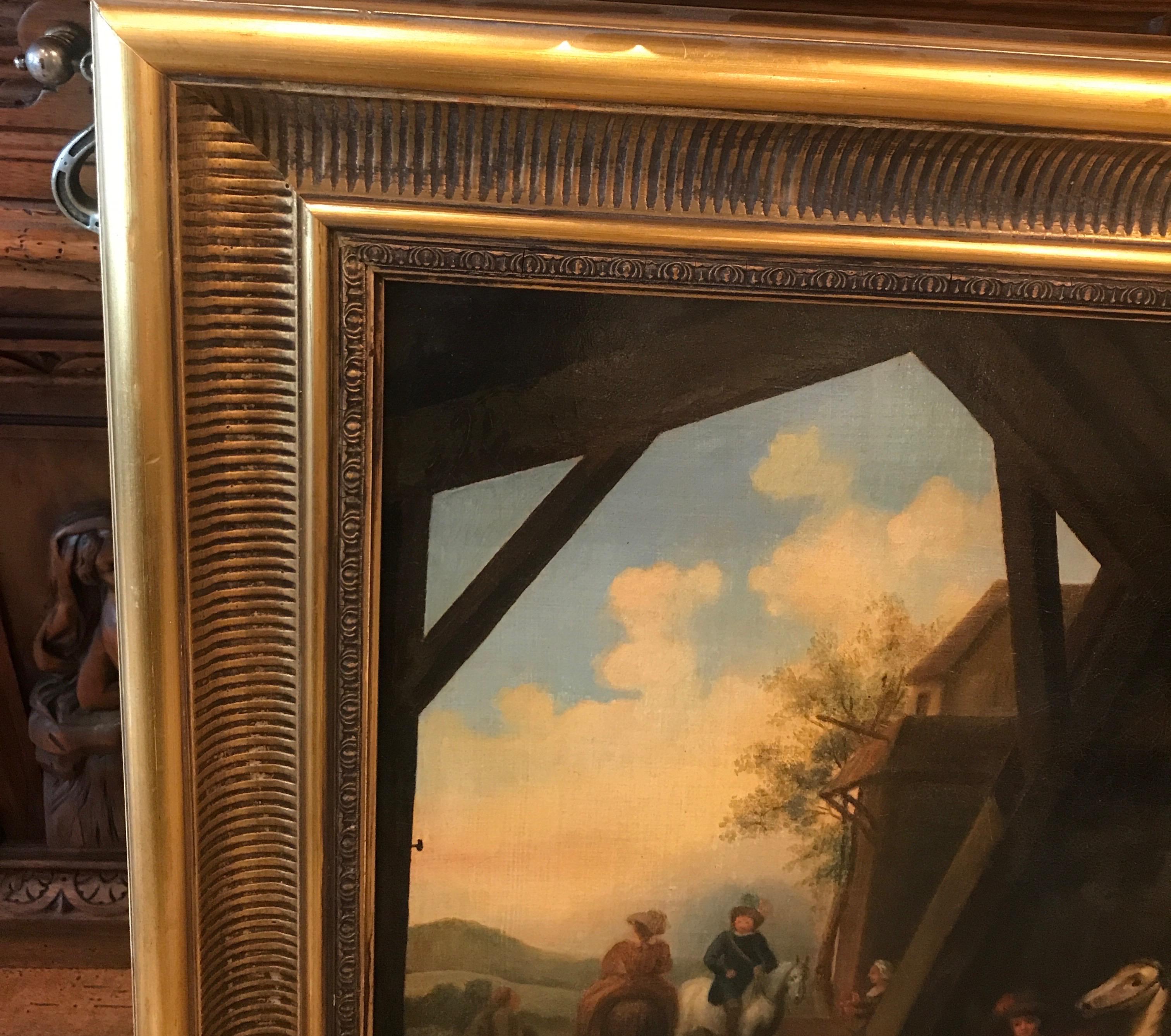 Magnifique tableau hollandais peint avec un cadre en bois doré plus tardif. La peinture montre des personnes, des chevaux et un chien avec un intérieur de grange autour. Le cadre est plus tardif mais a environ 100 ans. 30 par 24 encadré, 24 par 18