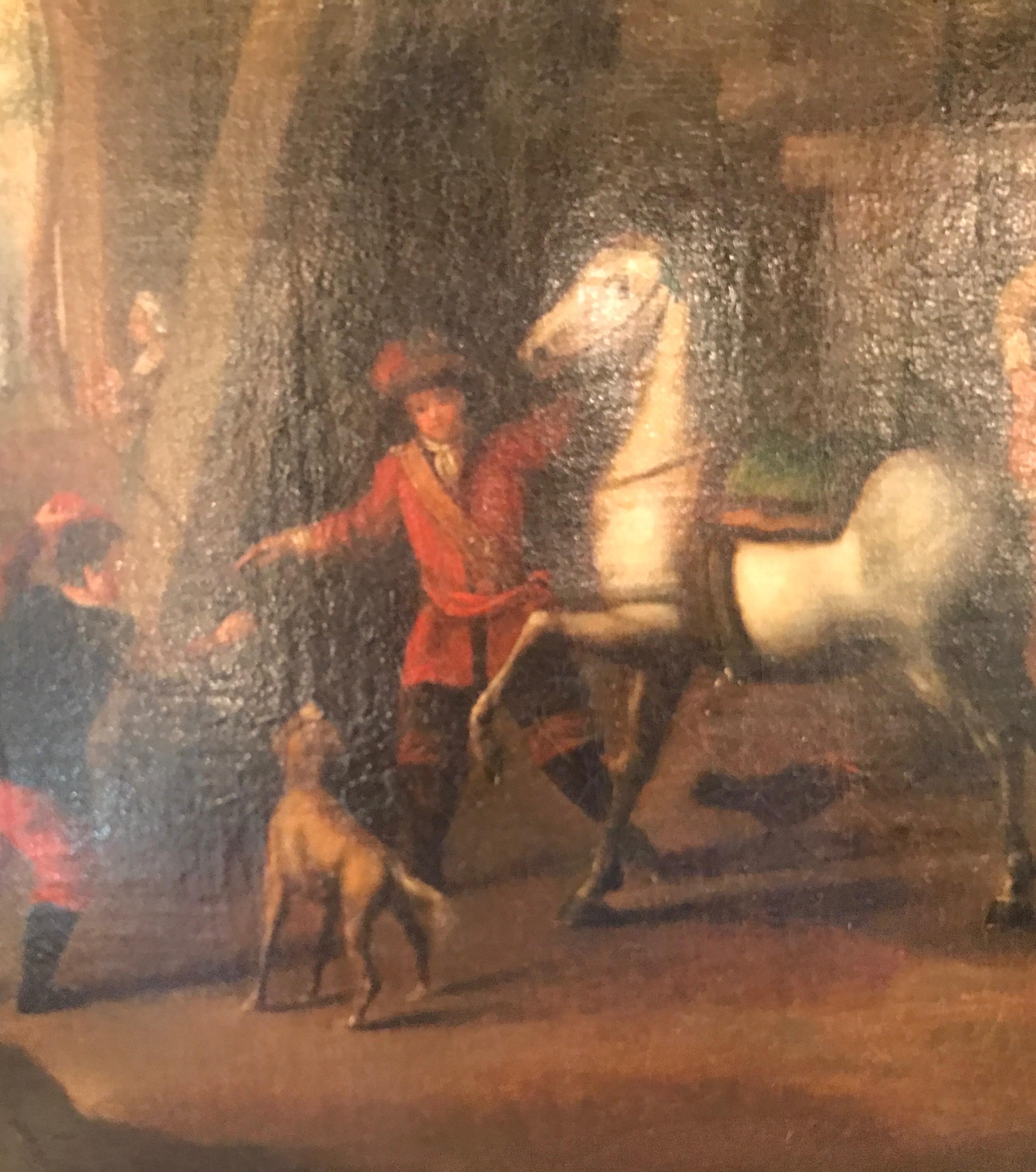 Européen Huile sur toile, intérieur de grange néerlandais, XVIIIe siècle en vente