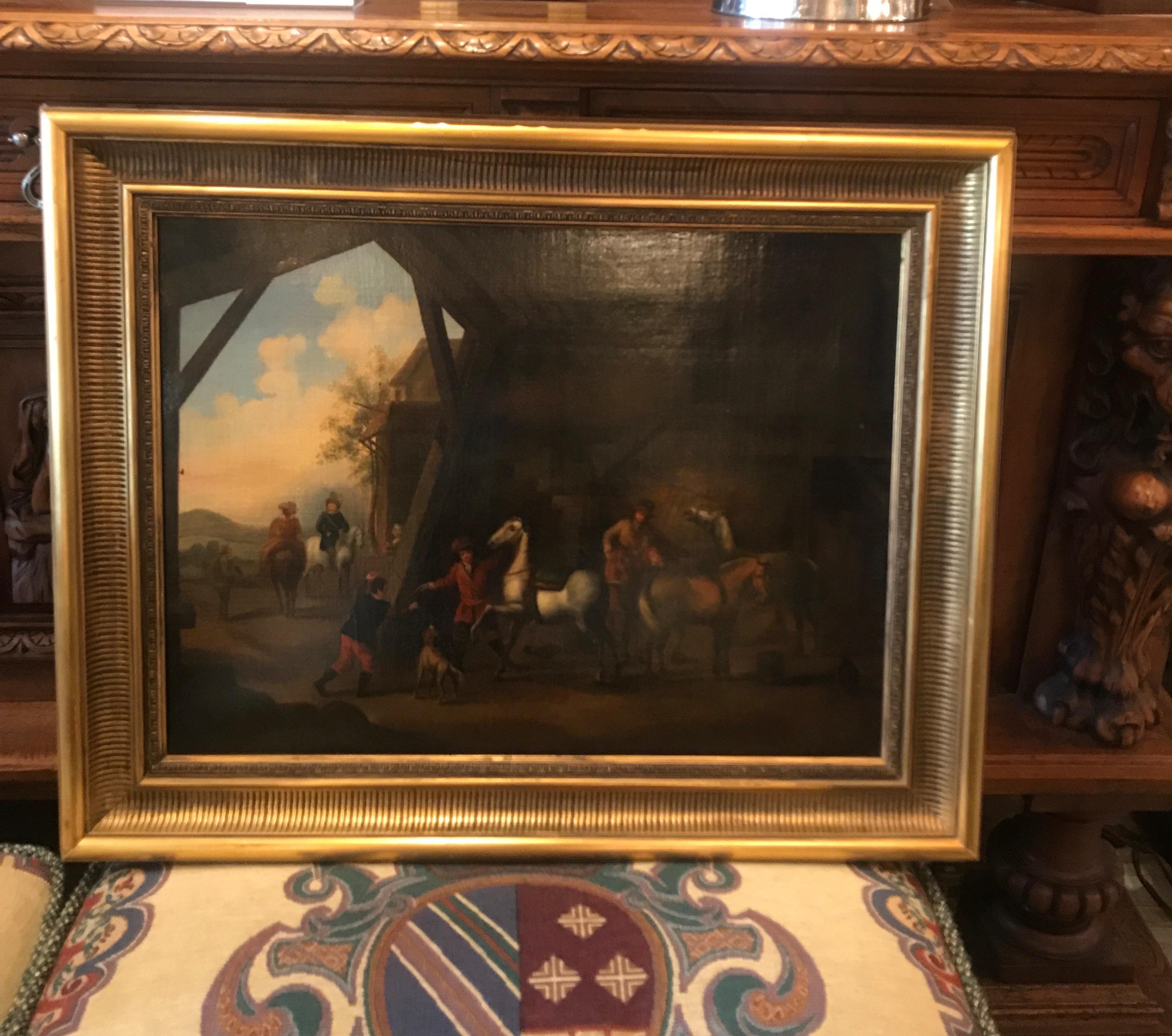 Huile sur toile, intérieur de grange néerlandais, XVIIIe siècle Bon état - En vente à Lambertville, NJ