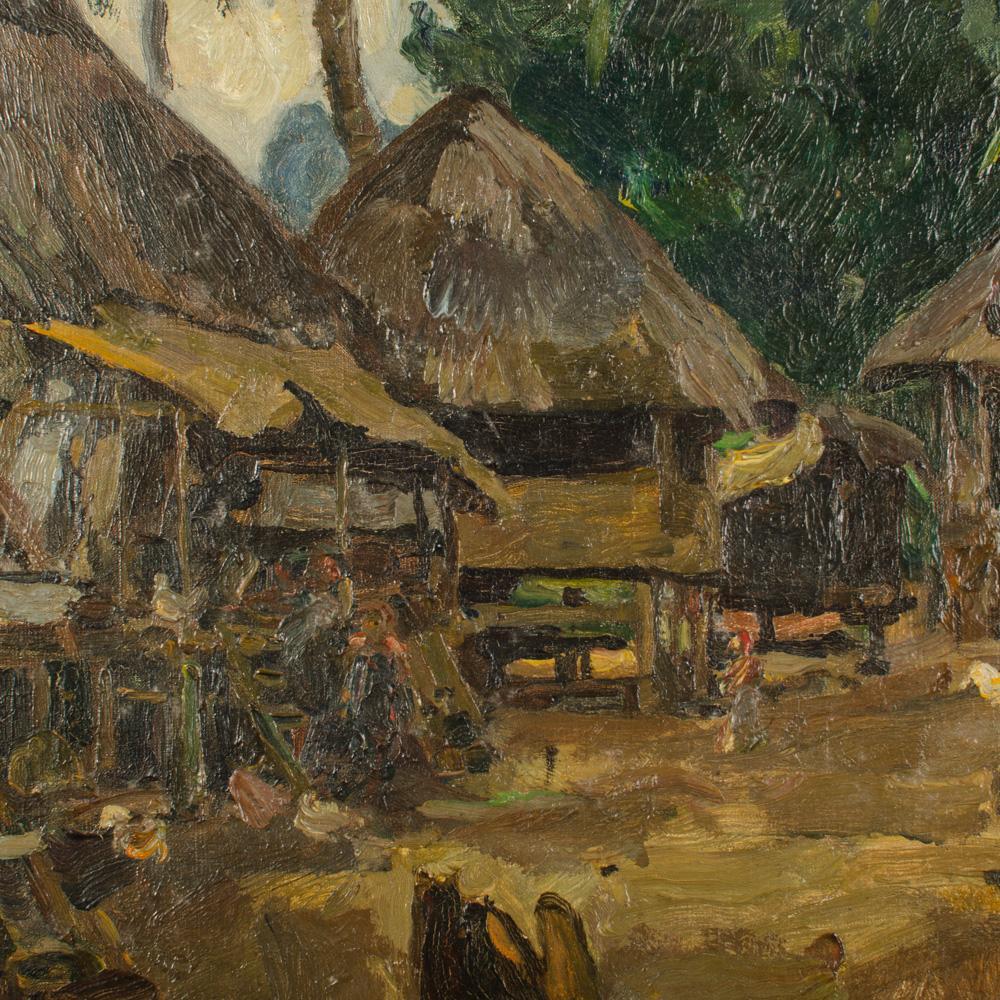 An oil on canvas painting of a Polynesian village, early 20th century. For Sale 3