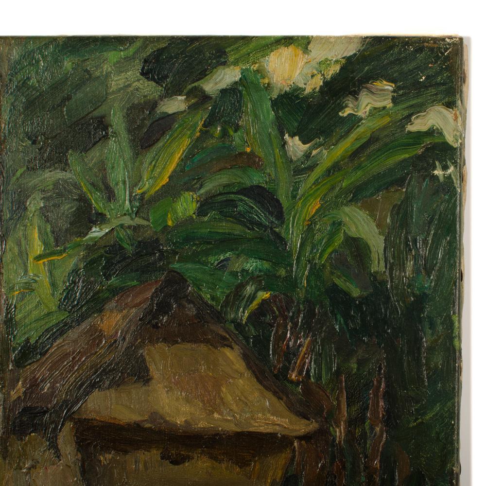 An oil on canvas painting of a Polynesian village, early 20th century. For Sale 4