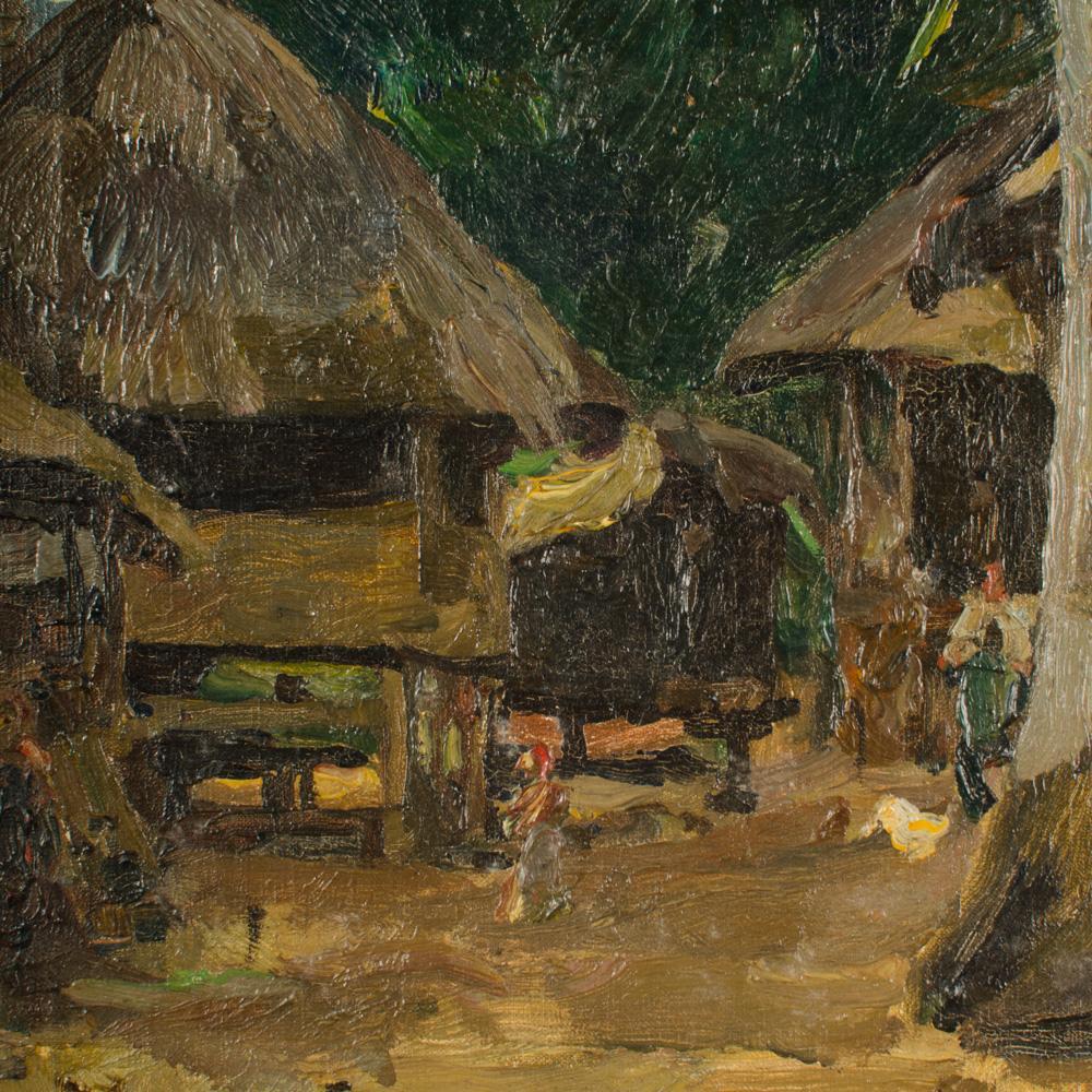 An oil on canvas painting of a Polynesian village, early 20th century. For Sale 5