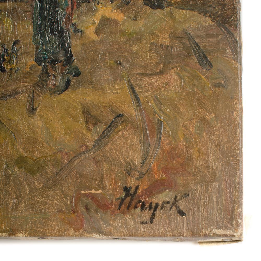Depicting a tropical landscape with women, chickens, straw huts and palm trees within a Polynesian village, circa 1920, signed lower right indistinctly. Unframed.
