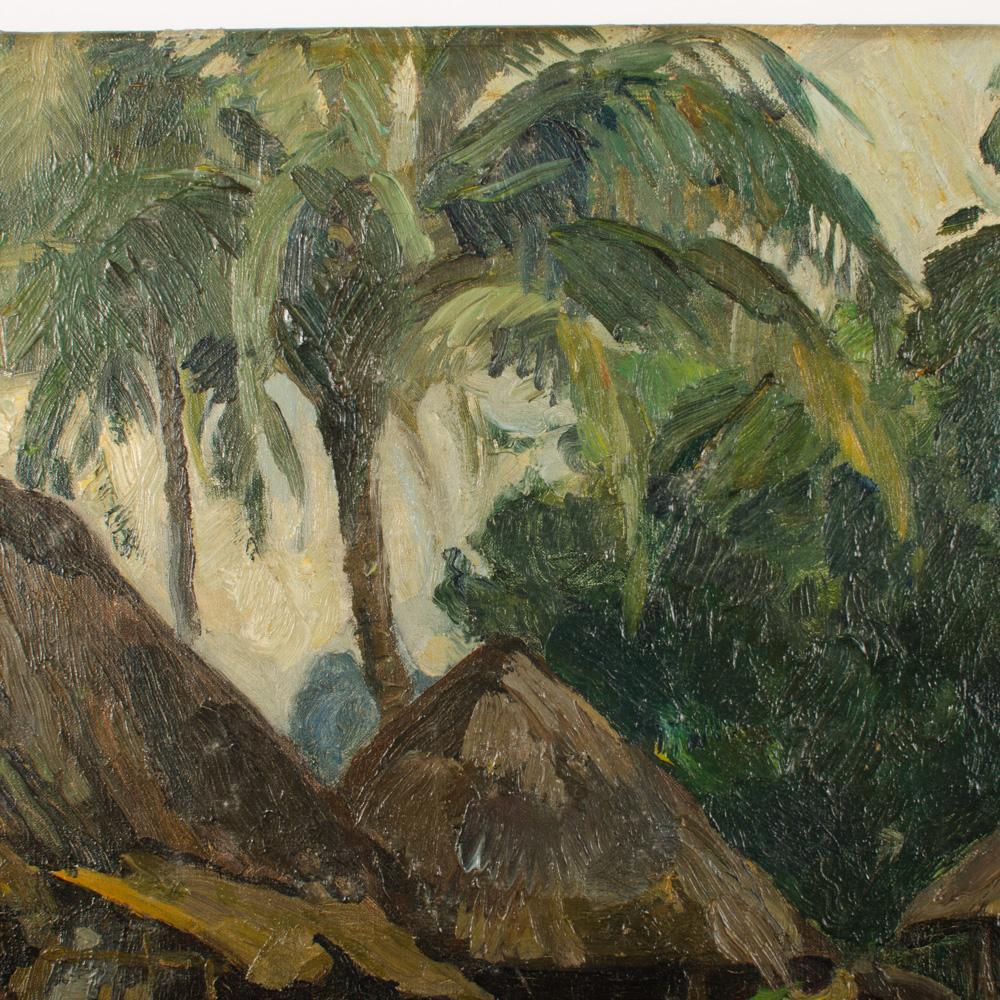 Unknown An oil on canvas painting of a Polynesian village, early 20th century. For Sale