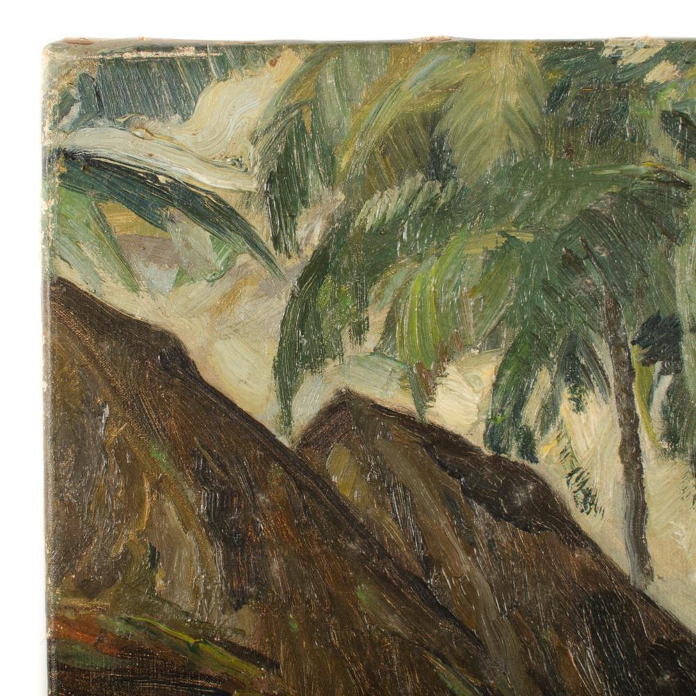 Painted An oil on canvas painting of a Polynesian village, early 20th century. For Sale