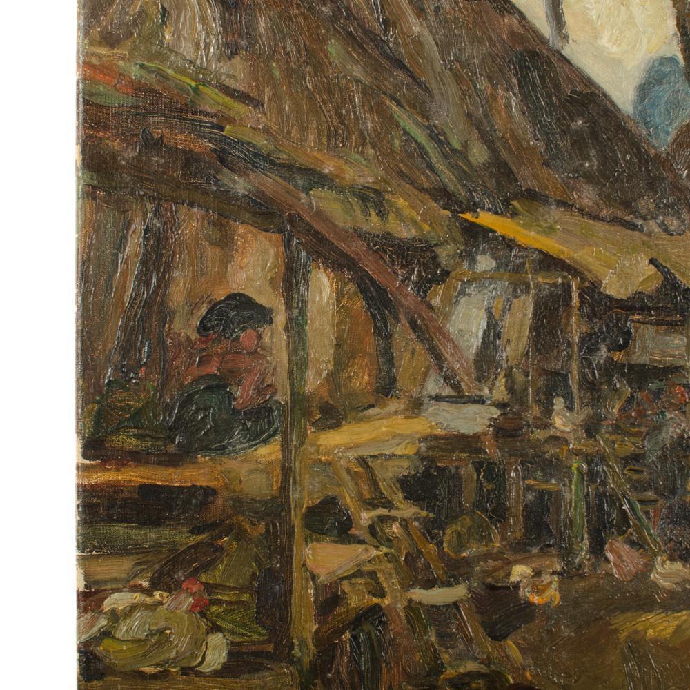 An oil on canvas painting of a Polynesian village, early 20th century. In Good Condition For Sale In Philadelphia, PA