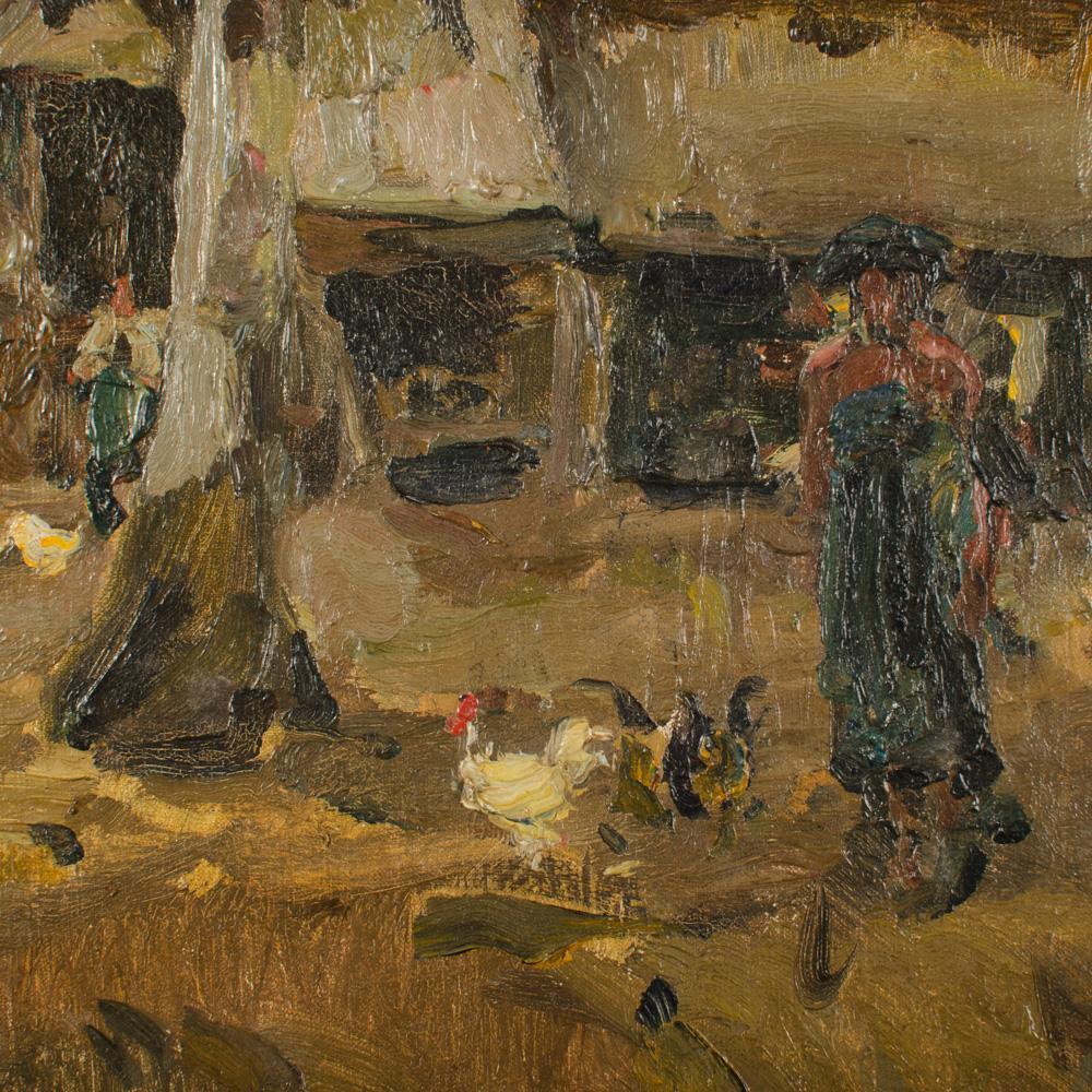 Canvas An oil on canvas painting of a Polynesian village, early 20th century. For Sale