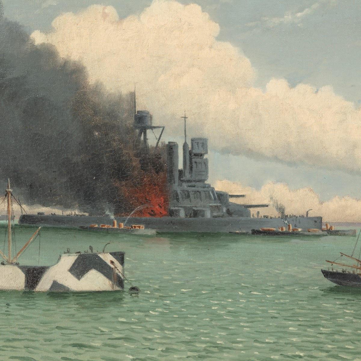 An oil on canvas seascape by T G Thurgood (England, circa 1920)

An oil on canvas by T G Thurgood. A large battle cruiser on fire. In the foreground is another ship painted in Razzle Dazzle. Unknown harbour and action.

 