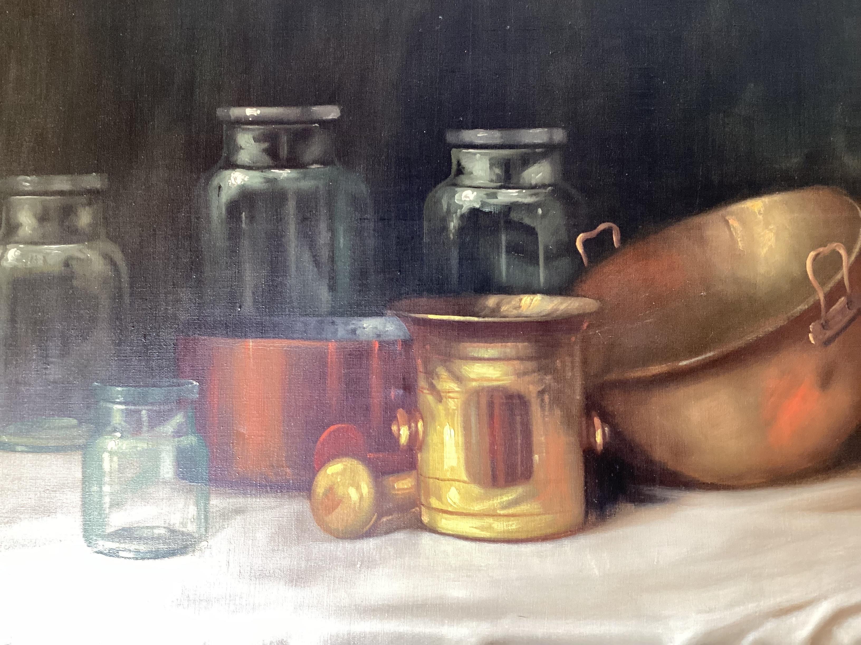 Hand-Painted Oil on Canvas Still Life of Kitchen Objects