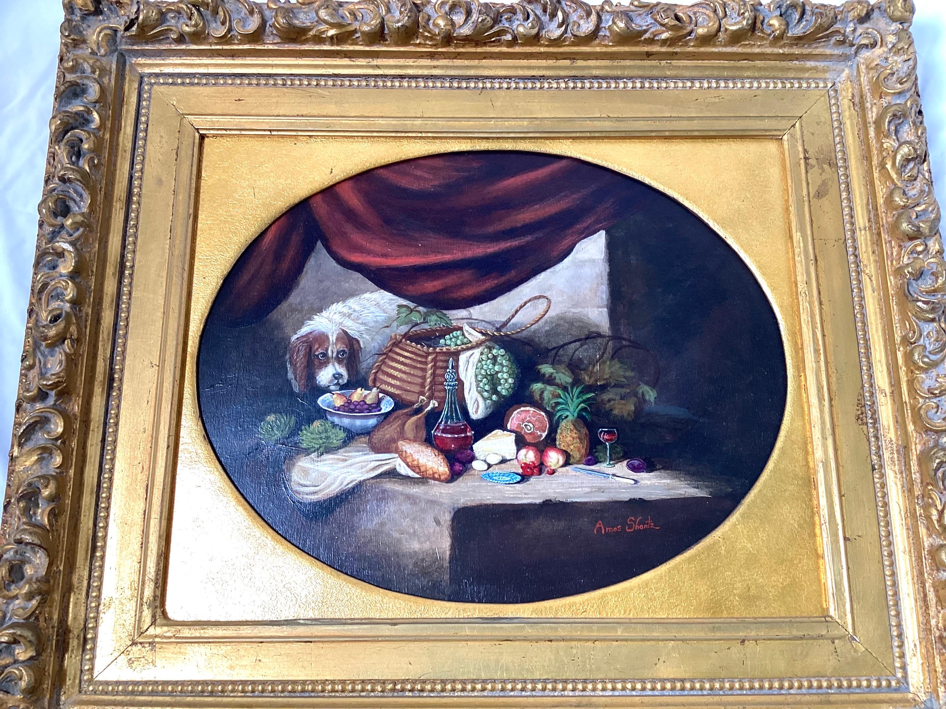 A original oil painting of a still life with dog, in original gilt wood frame. the framed painting is 29 wide, 25.5 high with the sight measuring 19.5 wide, 15.25 high in the oval gilt liner
Amos Shontz is a highly collected folk artist from