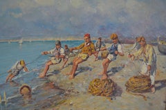 Pintura al óleo del artista maltés Vincenzo D'Esposito "Levantando las redes"