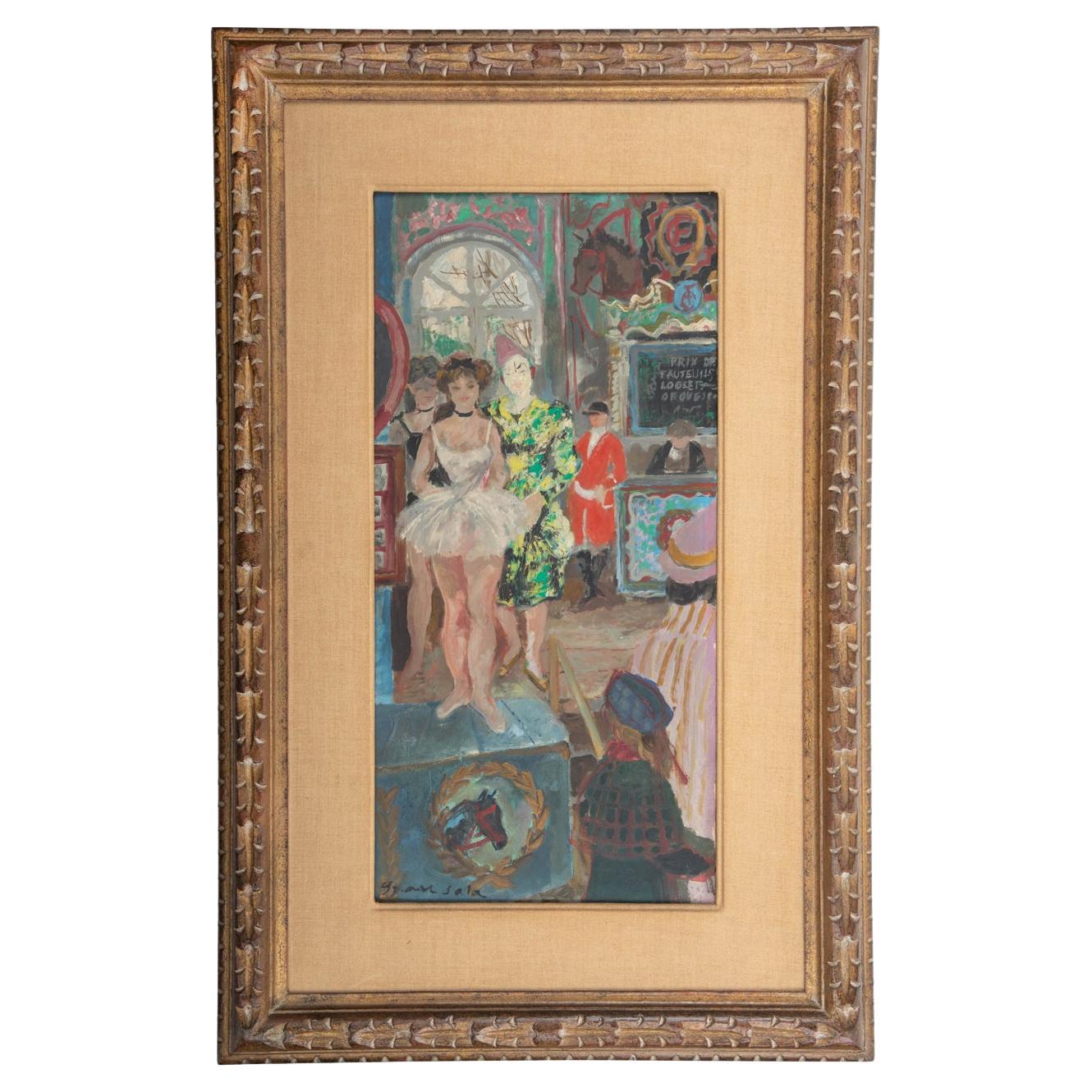 Un dipinto ad olio di Emilio Grau Sala raffigurante artisti del circo in vendita