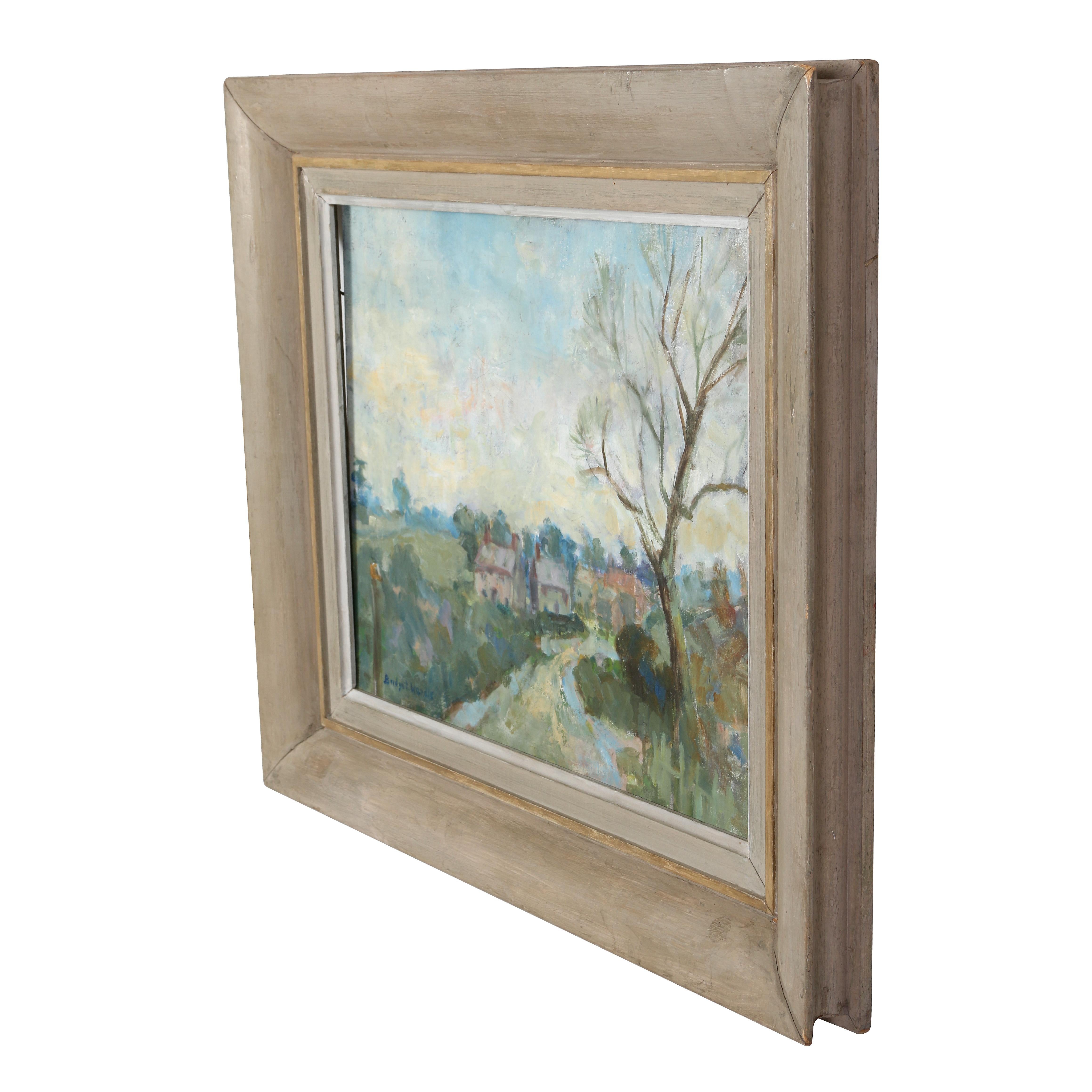 It was love at first sight with this lovely little painting. Painted in oil with soft, pastel colors, this work depicts a charming English countryside scene. The painted frame features an inner gilt molding, a subtle but pretty detail.
