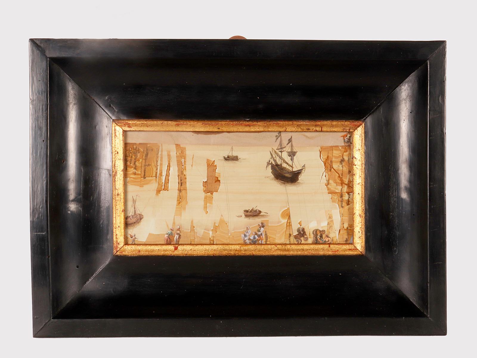 An oil painting of Paesena. The frame, made of ebonized walnut wood finished in wax, has a rectangular shape with an internal signature that flares out towards the inside to accommodate the painting, finished with a stop in golden ramin wood.
