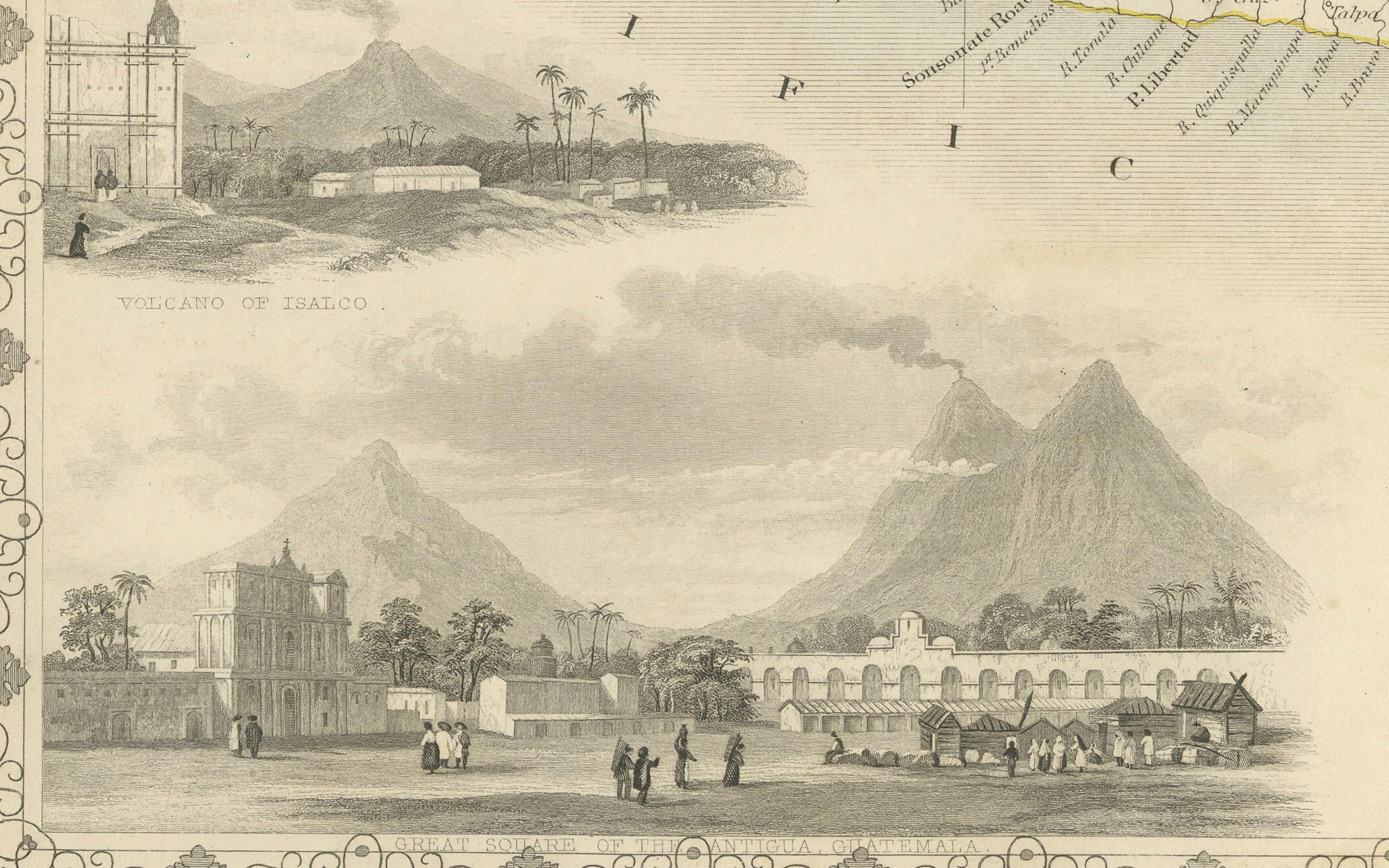 Eine alte illustrierte Tallis-Karte von Mittelamerika mit Vulkan Vignetten, 1851 im Zustand „Gut“ im Angebot in Langweer, NL