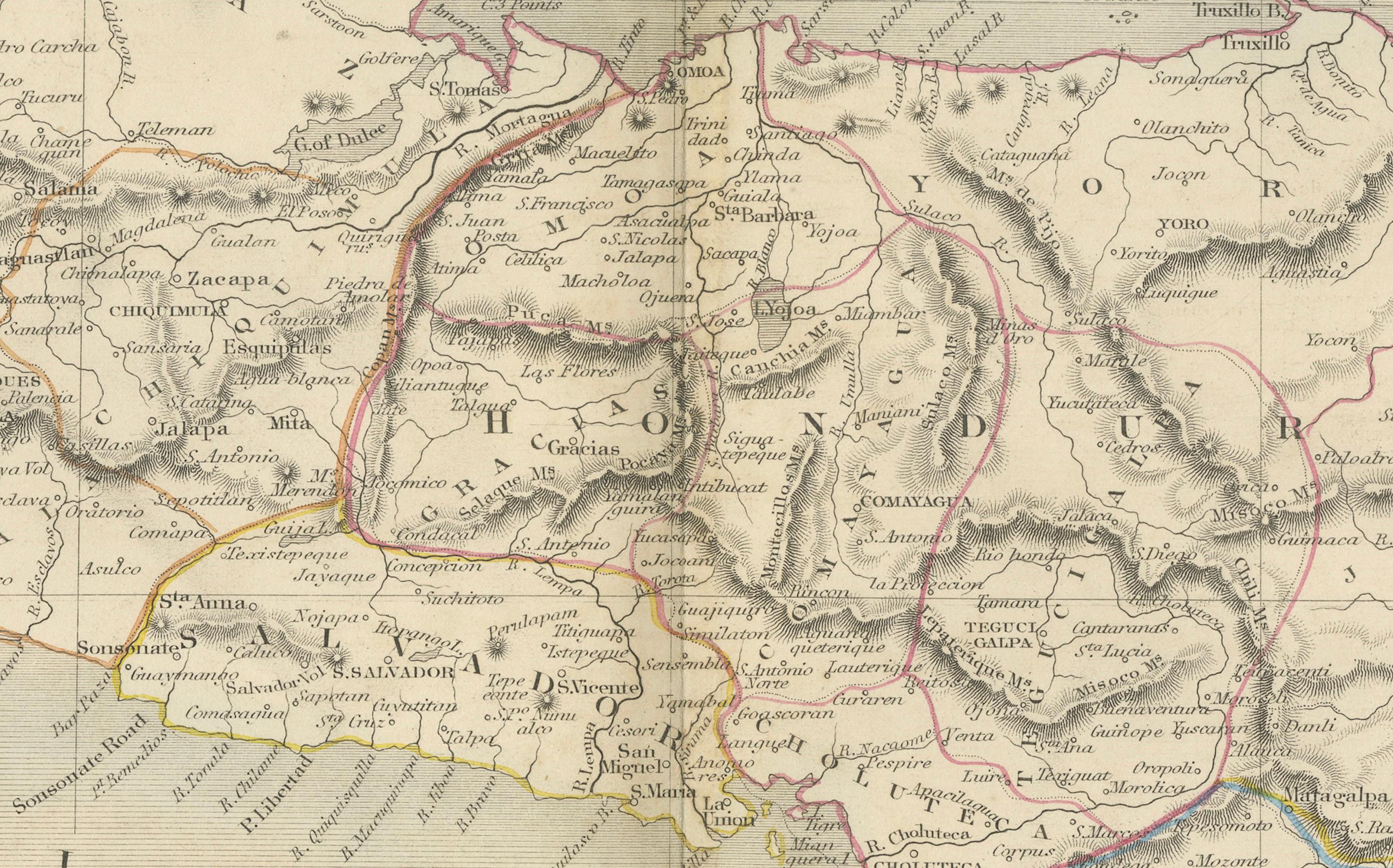 An Old Illustrated Tallis Map of Central America with Volcanic Vignettes, 1851 For Sale 1