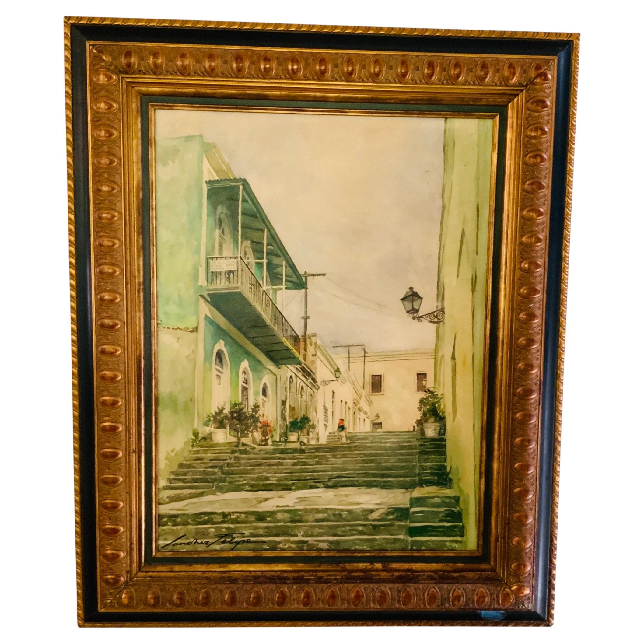 Das alte San Juan " La Escalinata del Hospital " Gemälde im Angebot