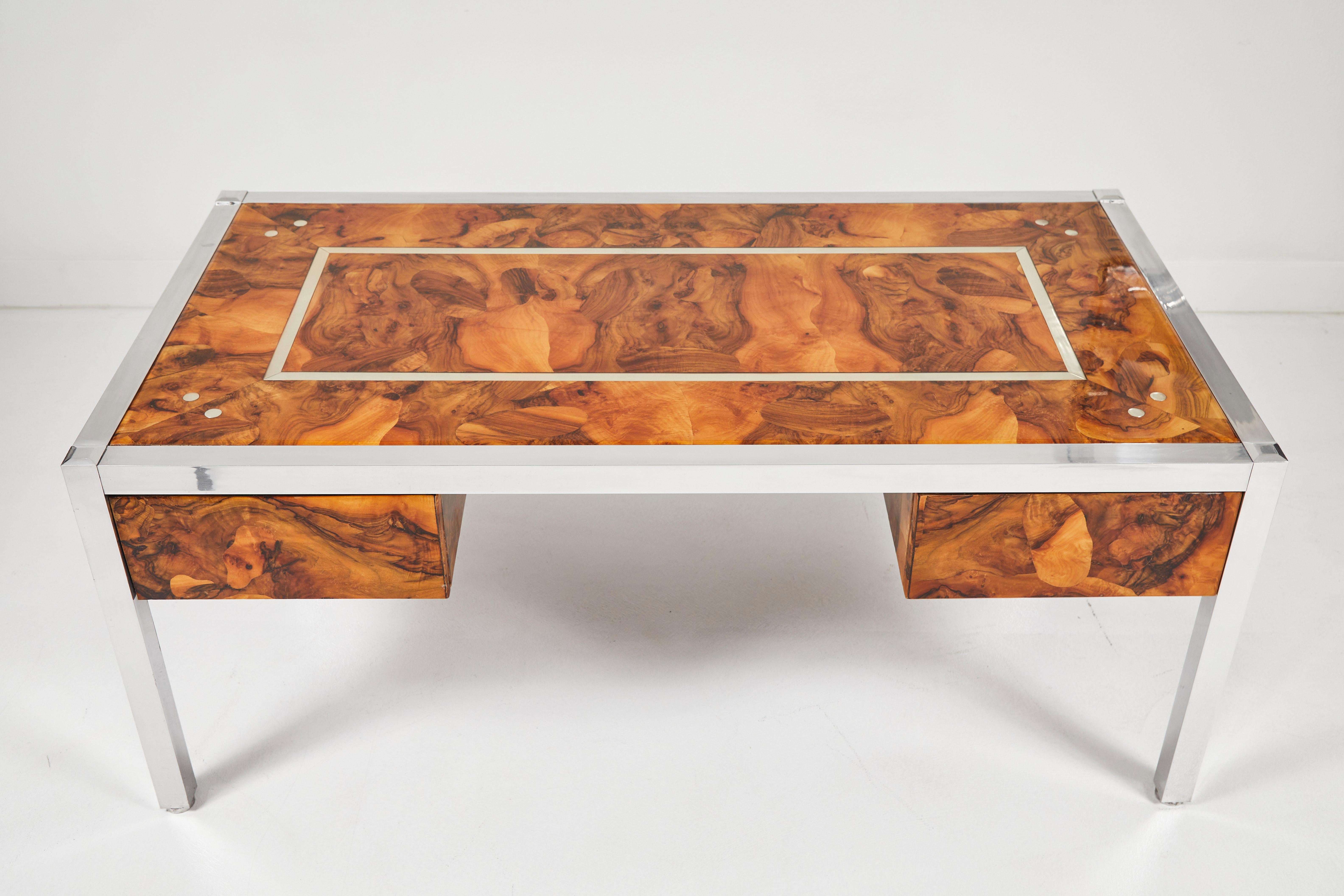 Mid-Century Modern Olive Burl and Aluminum Desk