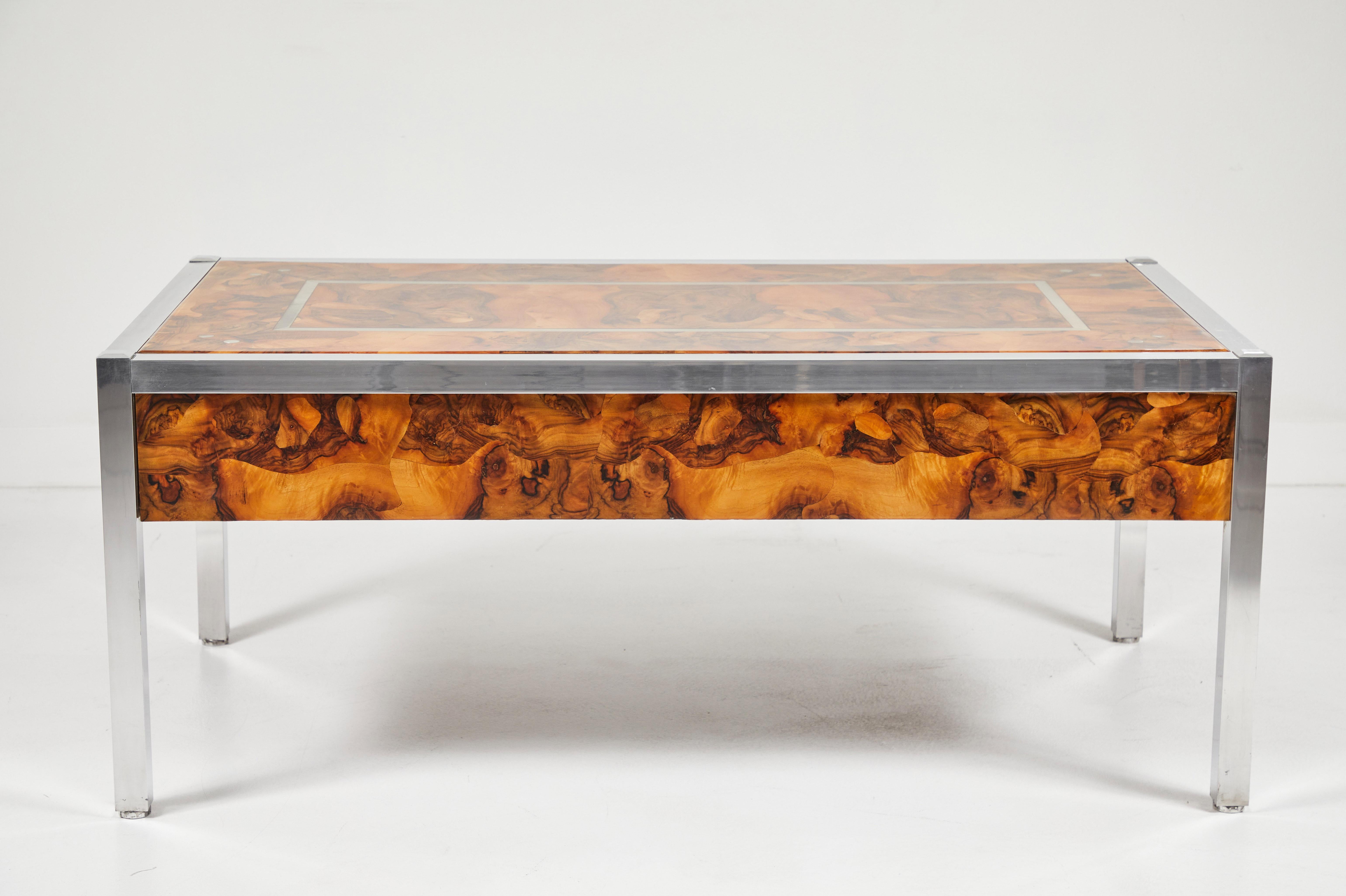 Lacquered Olive Burl and Aluminum Desk