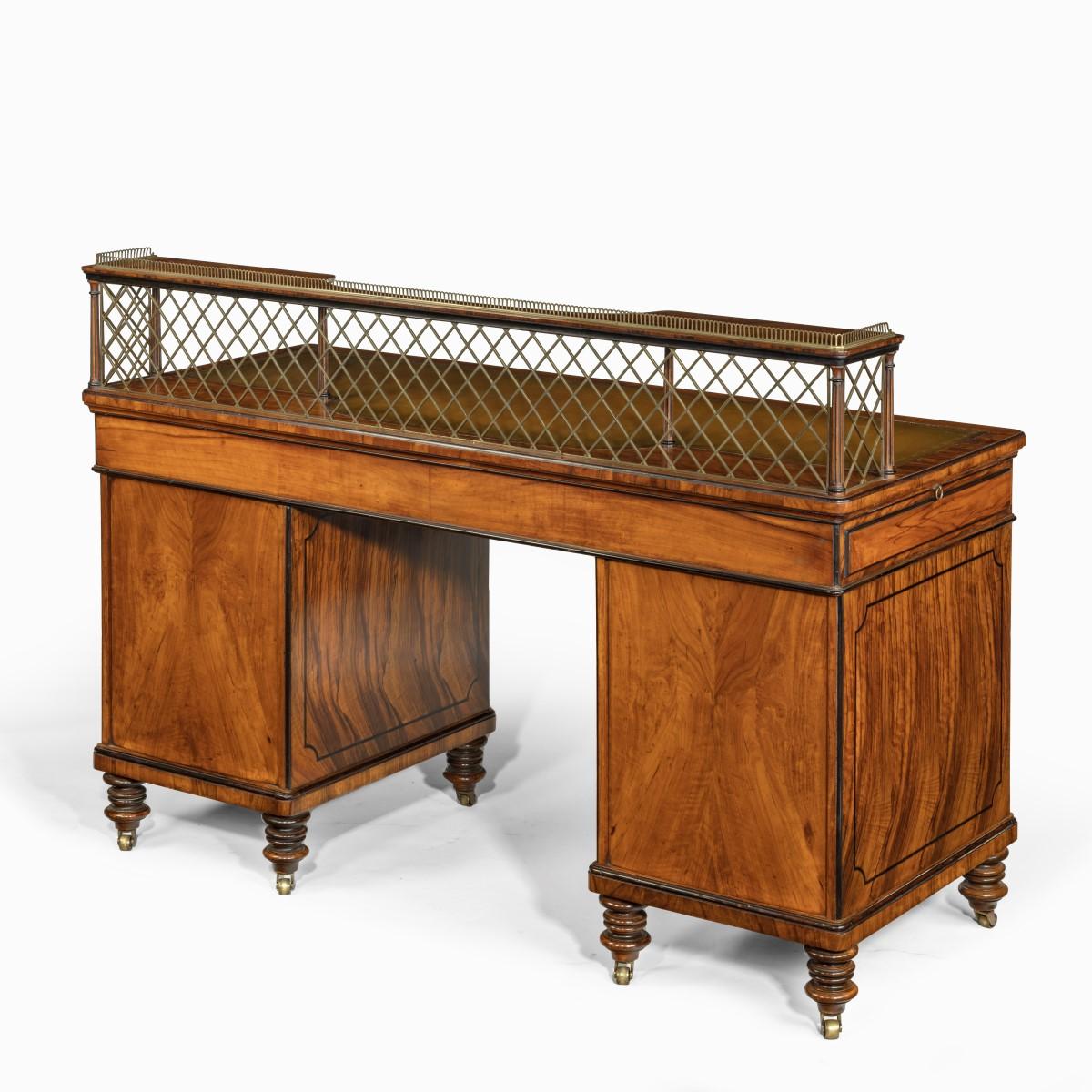 Olivewood Pedestal Desk Attributed to Wright and Mansfield For Sale 4