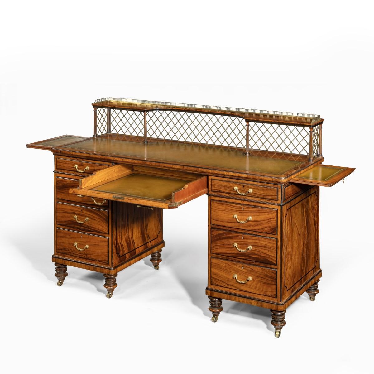 Olivewood Pedestal Desk Attributed to Wright and Mansfield For Sale 2
