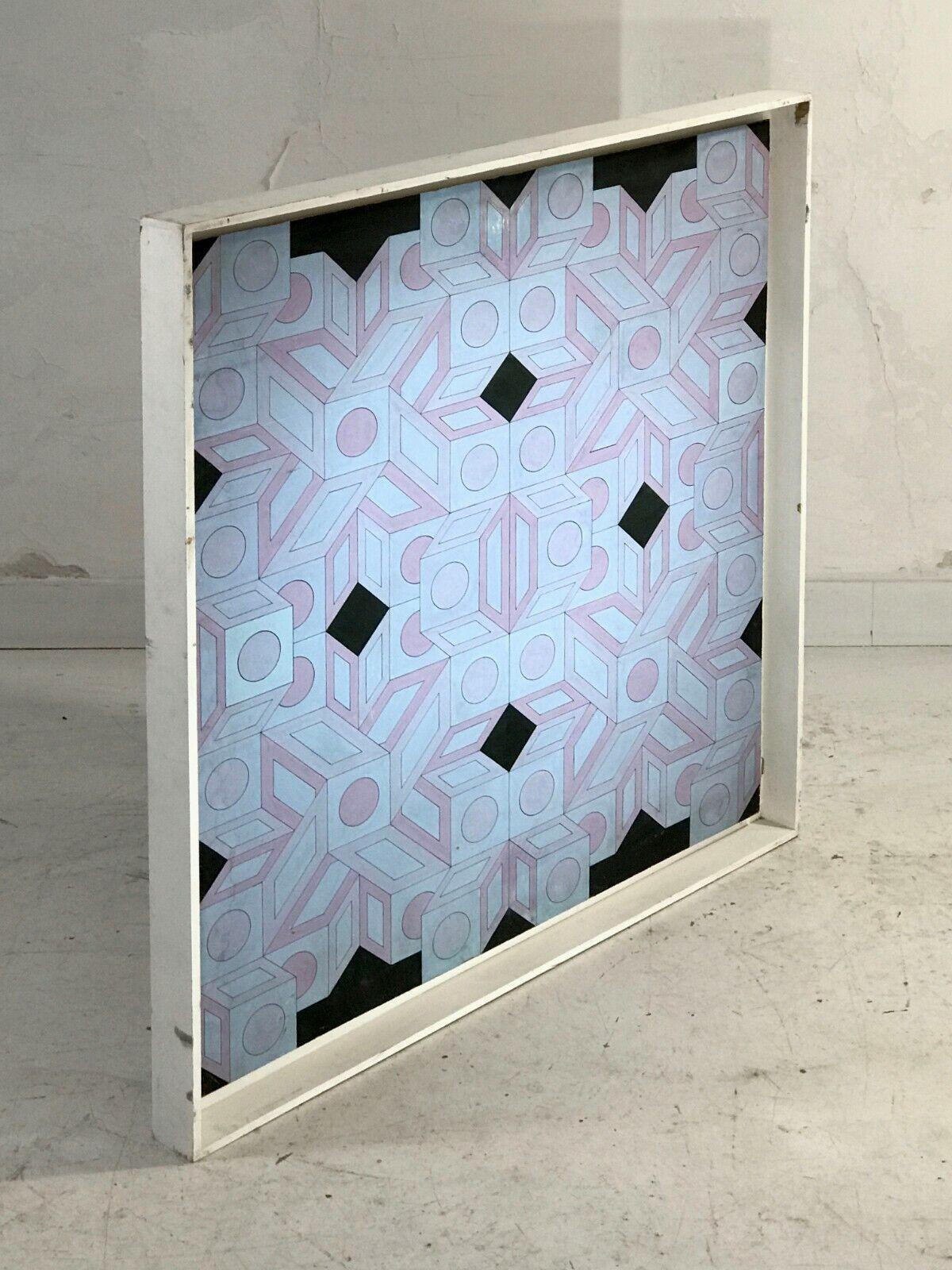 Ein Op-Art-Acrylbild auf einer Holztafel, Pop, abstrakt, Op-Art, eine Komposition geometrischer Formen in Blau, Violett und Schwarz auf einer Holztafel, die in ihrem ursprünglichen Schattenkasten (
