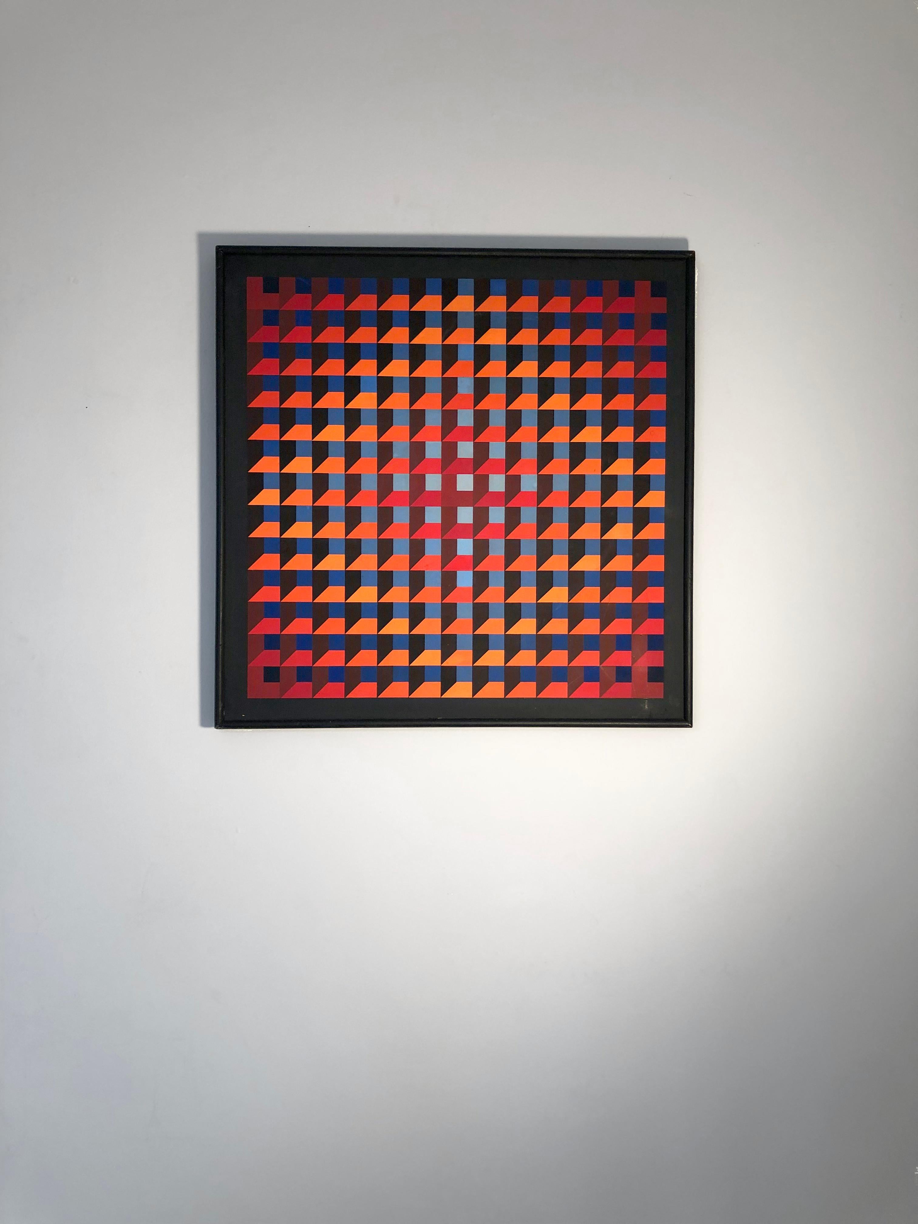 An authentic and unique kinetic painting thin and subtle gouache on wood panel, Abstract Geometric, Op-Art, Kinetic composition of orange and blue shades through thin complex architectural structures, creating a paradoxal open and closed / warm and