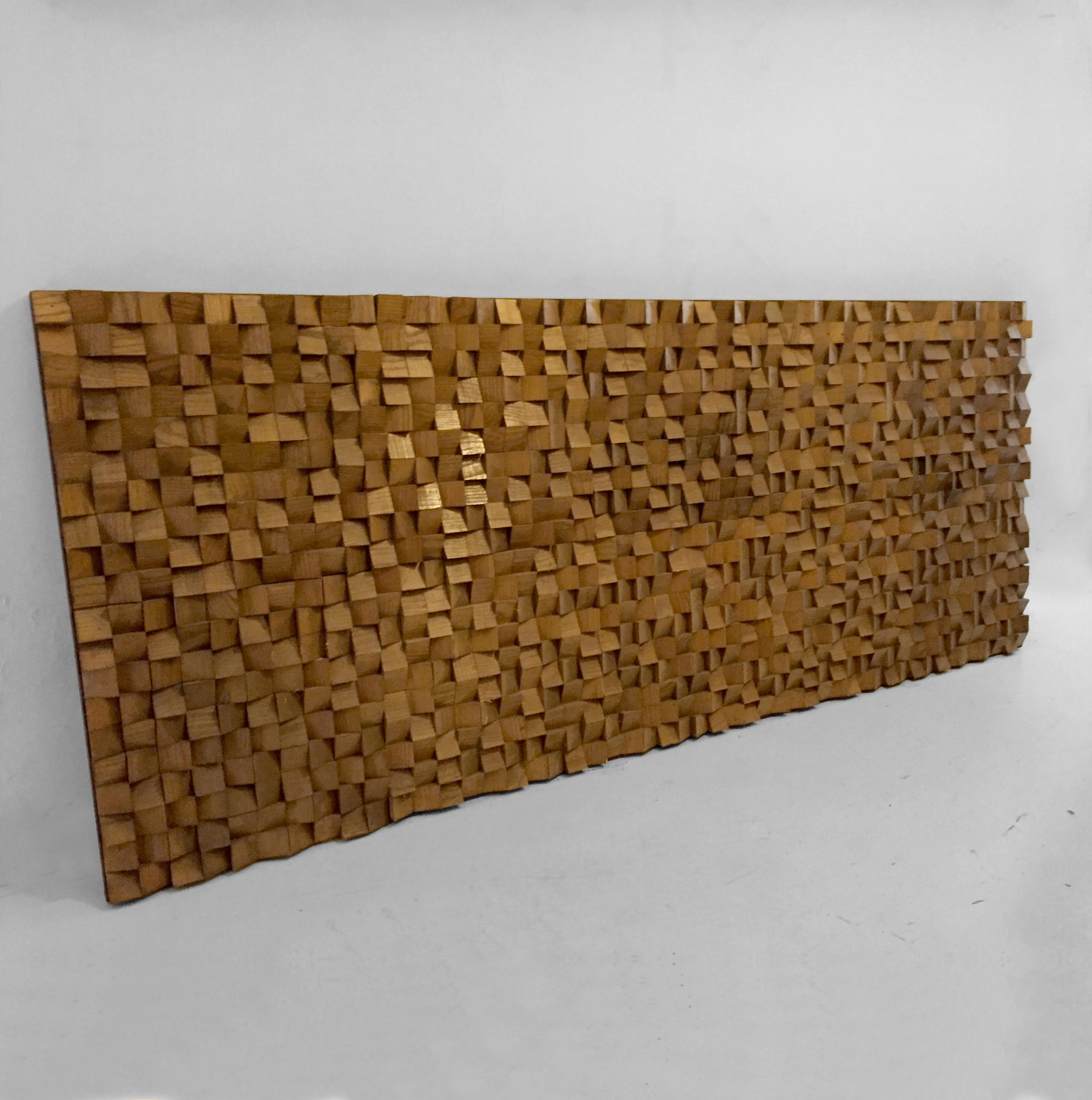A wide, authentic and unique optical wood panel, Abstract Geometric, Op-Art, Kinetic composition of square & triangular slices of wood forming infinite reliefs and light variations, mounted and framed on/in a massive metal structure, created by