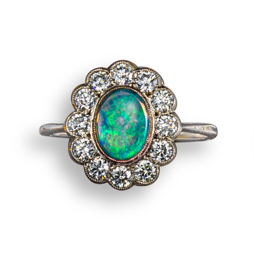 Retro Opal and Diamond Cluster Ring
