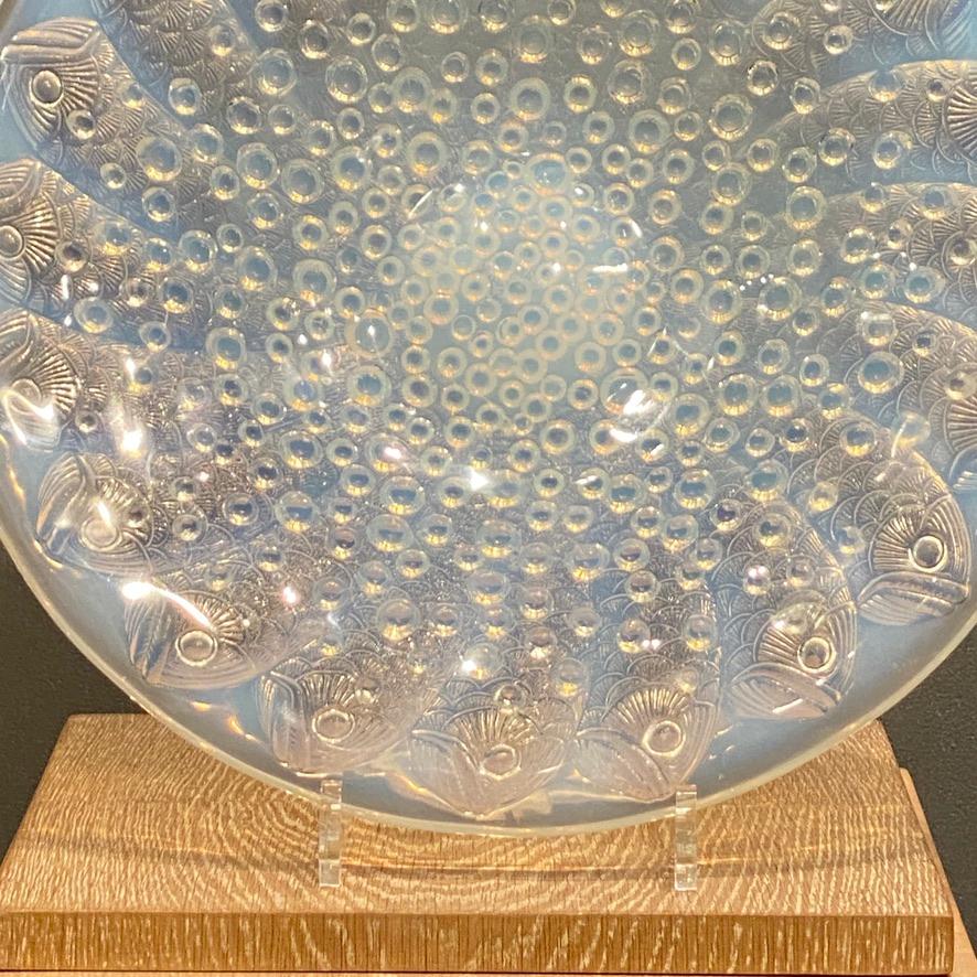The Roscoff plate is one of the largest R.lalique made in the Art Deco period.

The fishes swim surrounded by bubbles in the blue opalescent glass.

Their heads are surrounding the interior of the plate , the bubbles are occupying the center of