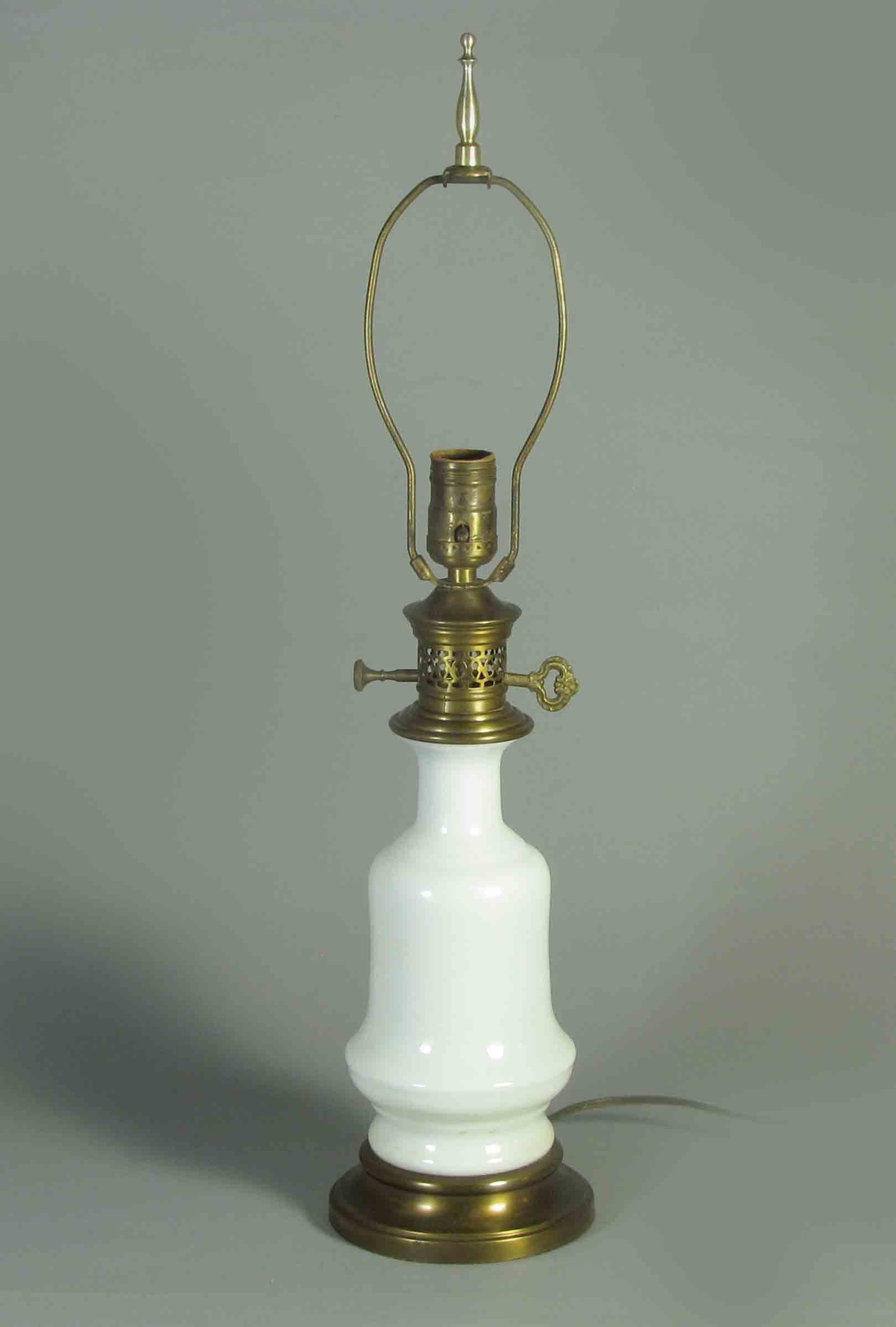 American Colonial Opaline Glass and Metal  Mounted Table Lamp,  20th Century  For Sale