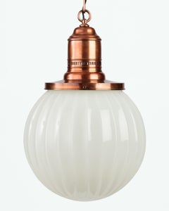 Copper Pendant with Pierced Details and Fluted Opaline Glass Globe, c. 1910s