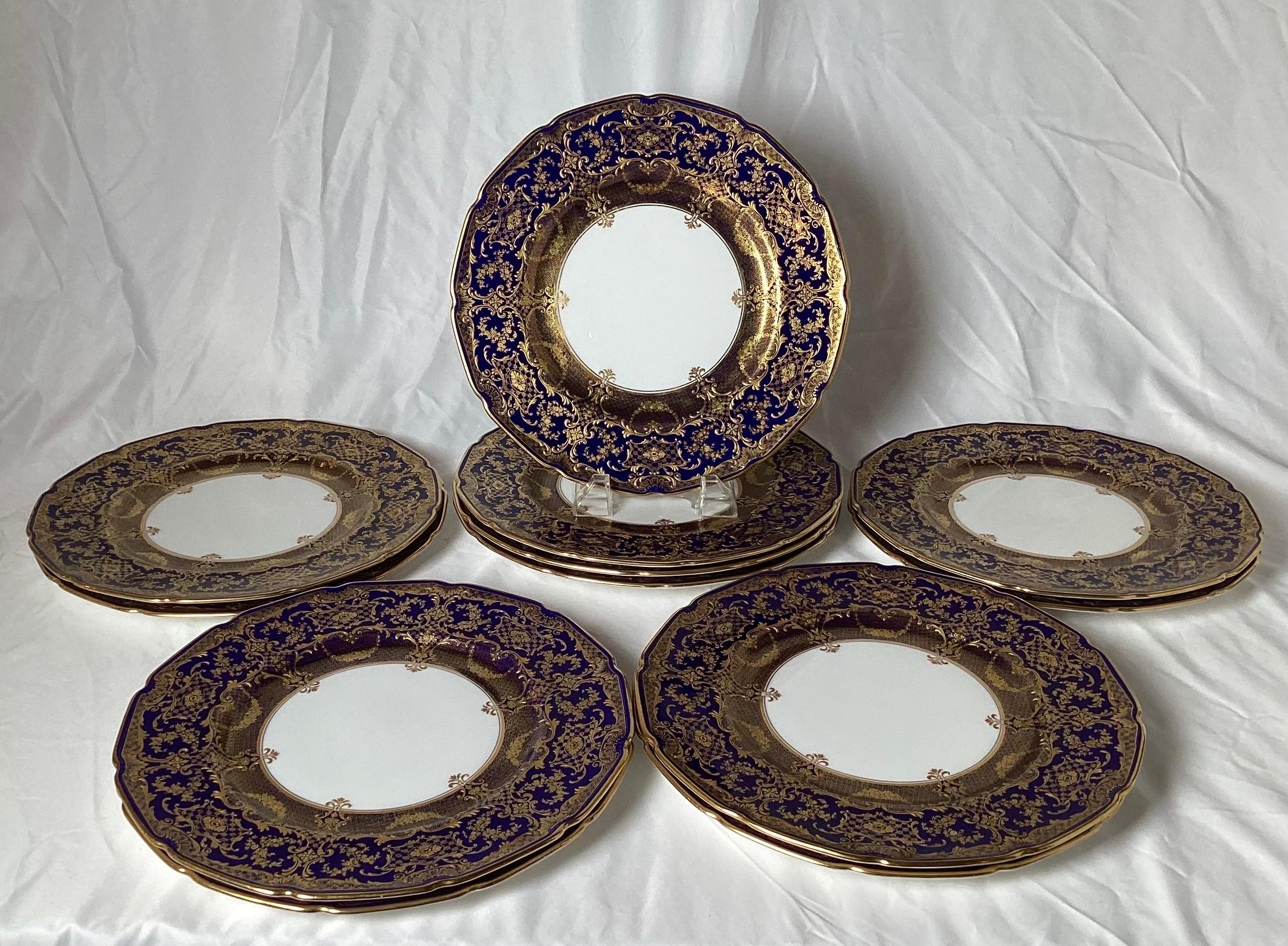 Edwardian Opulent Set of 12 Ornate English Raised Gilded Cobalt Dinner Service Plates