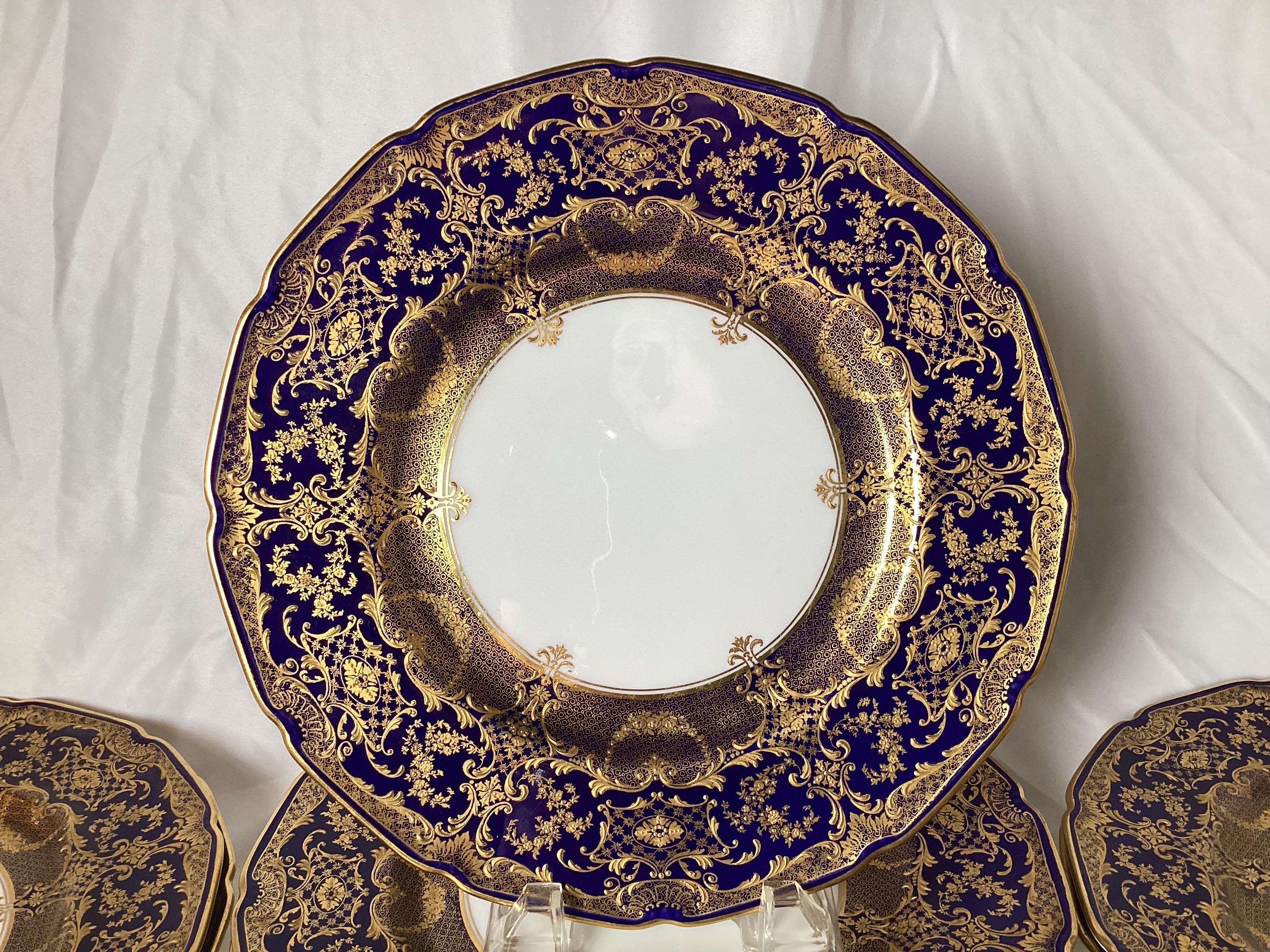 Gilt Opulent Set of 12 Ornate English Raised Gilded Cobalt Dinner Service Plates