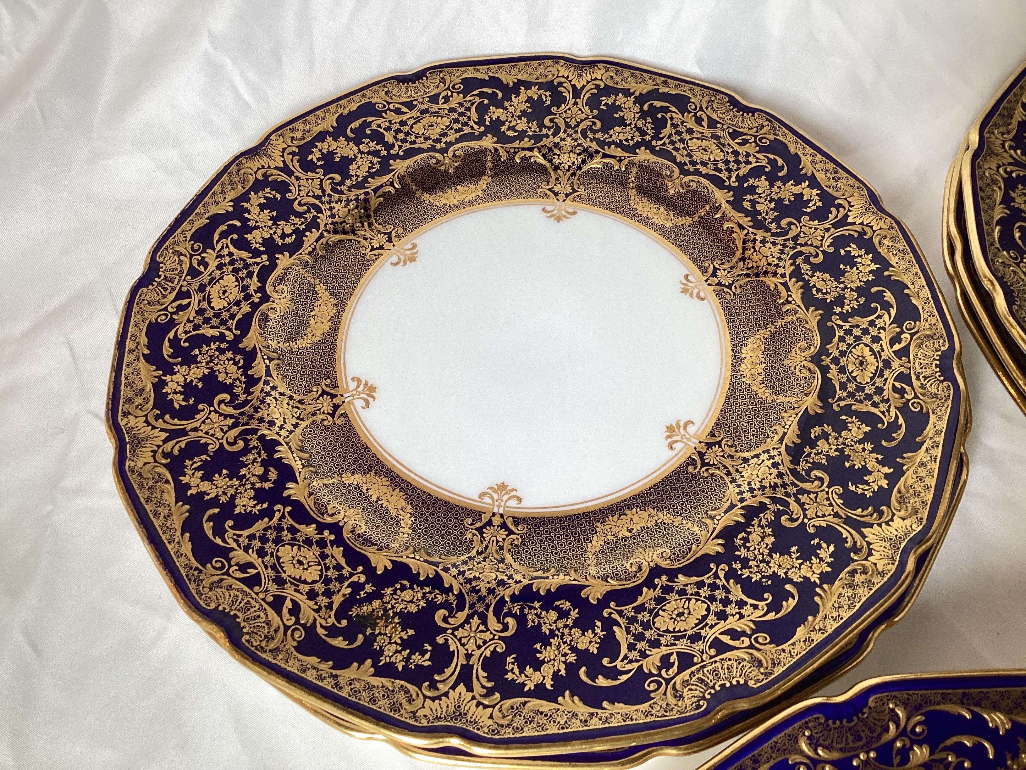 Opulent Set of 12 Ornate English Raised Gilded Cobalt Dinner Service Plates In Excellent Condition In Lambertville, NJ