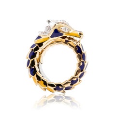 Diamond and Ceramic Dragon Ring, 18 Karat White Gold