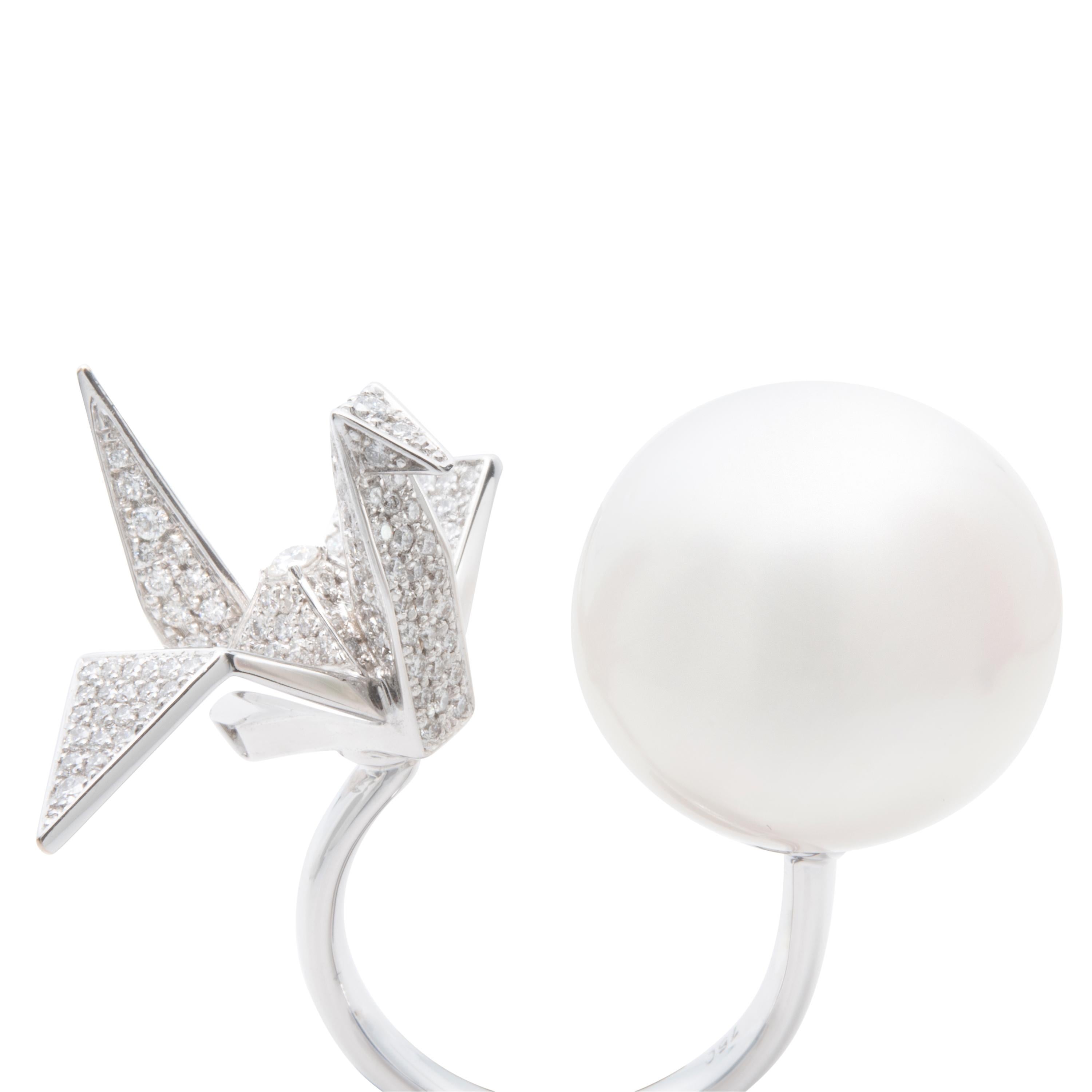 Contemporary An Order of Bling Diamond and Pearl Ring, 18 Karat White Gold For Sale