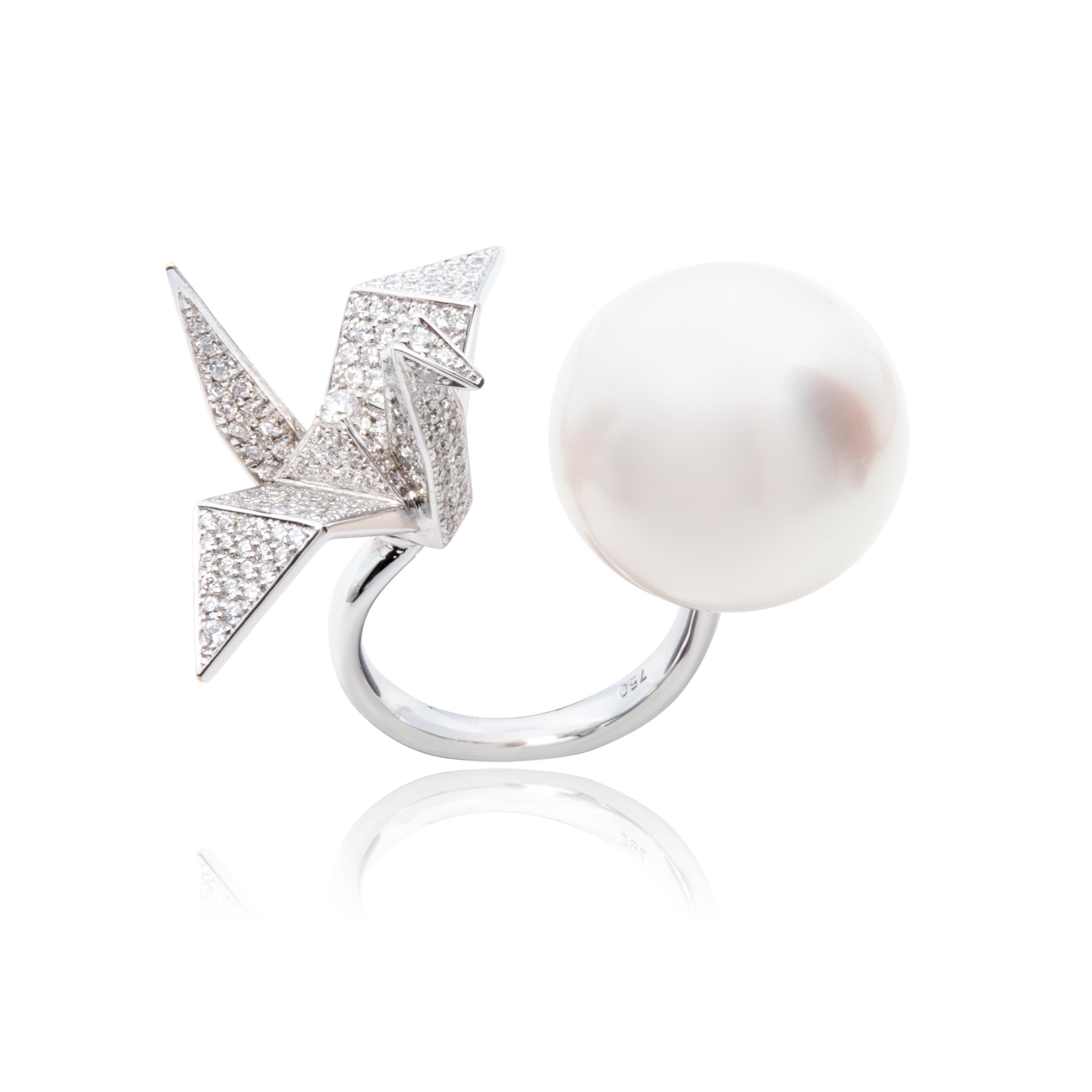 Round Cut An Order of Bling Diamond and Pearl Ring, 18 Karat White Gold For Sale